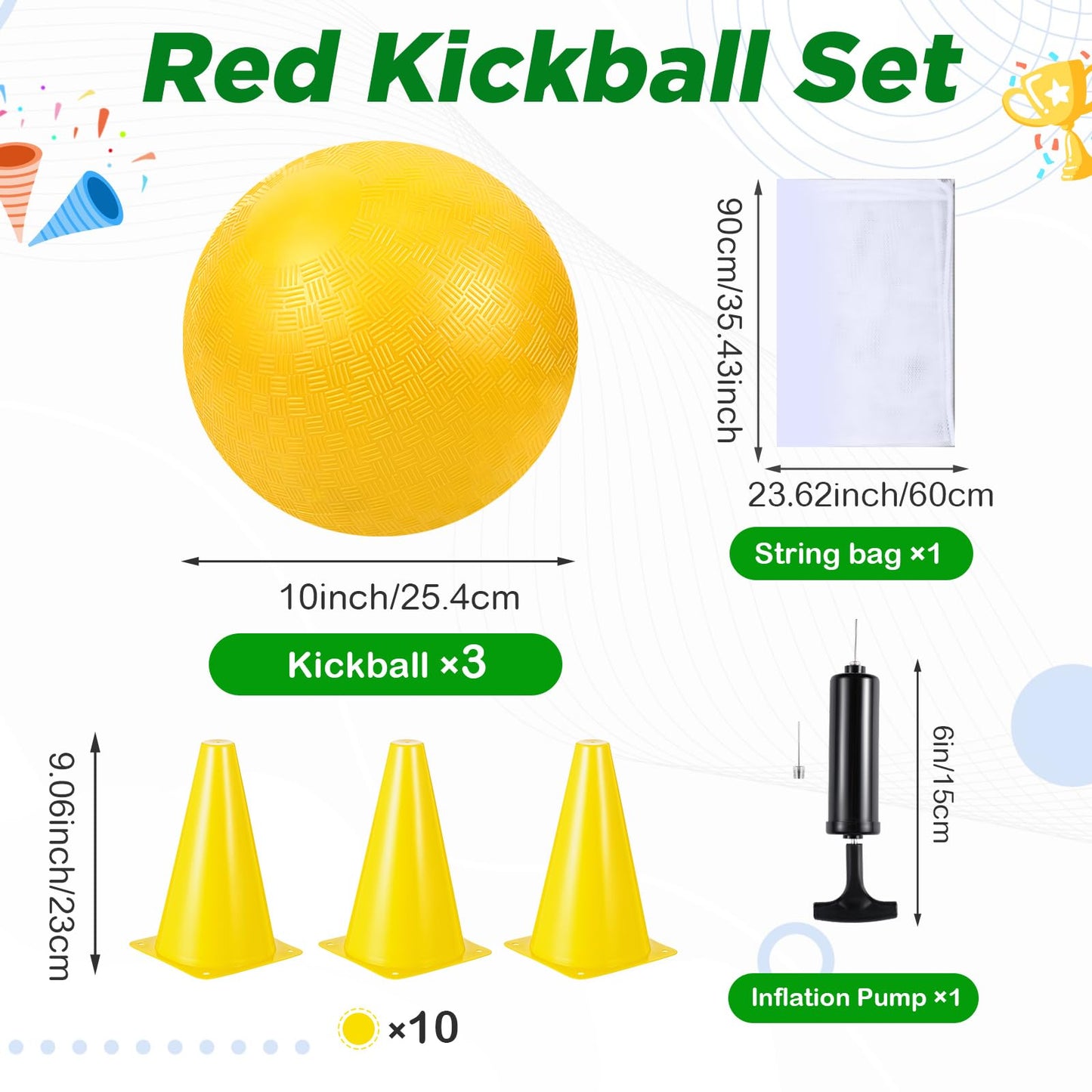 Jenaai 20 Pcs Sports Kickball Set, 3 10'' Playground Ball, 5 Rubber Throw Down Bases, Ball Pump, Net Bag, 10 Foul Line Cones, Kickball All in One Kit for Kids Adults Playground Backyard Game (Yellow)