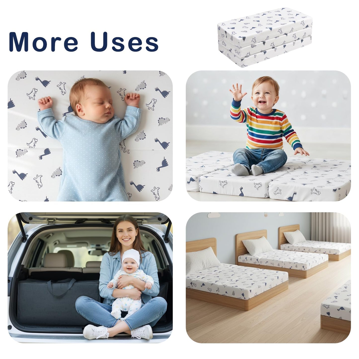Trifold Pack and Play Mattress 38'' x 26'' x 3'', Portable Mini Crib Playpen Mattress for Baby, Soft Memory Foam Pack N Play Mattresses with Waterproof Washable Breathable Cover (White, One size)