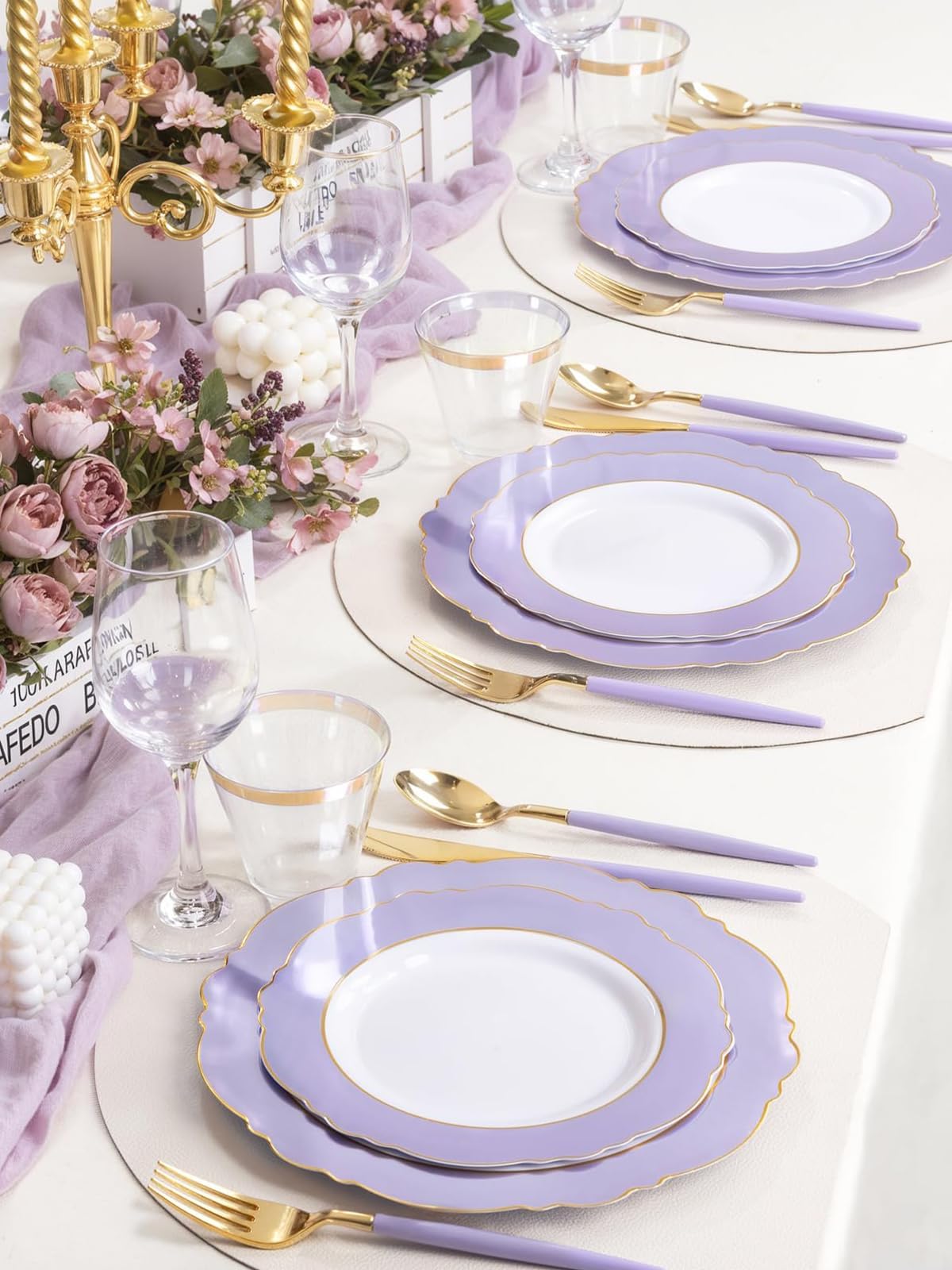 WDF 150Pcs Purple Plates Disposable - Baroque Lavender Purple and Gold Plates - 25Guest Plastic Dinnerware Ideal for Wedding/Party/Birthday/Bridal Shower