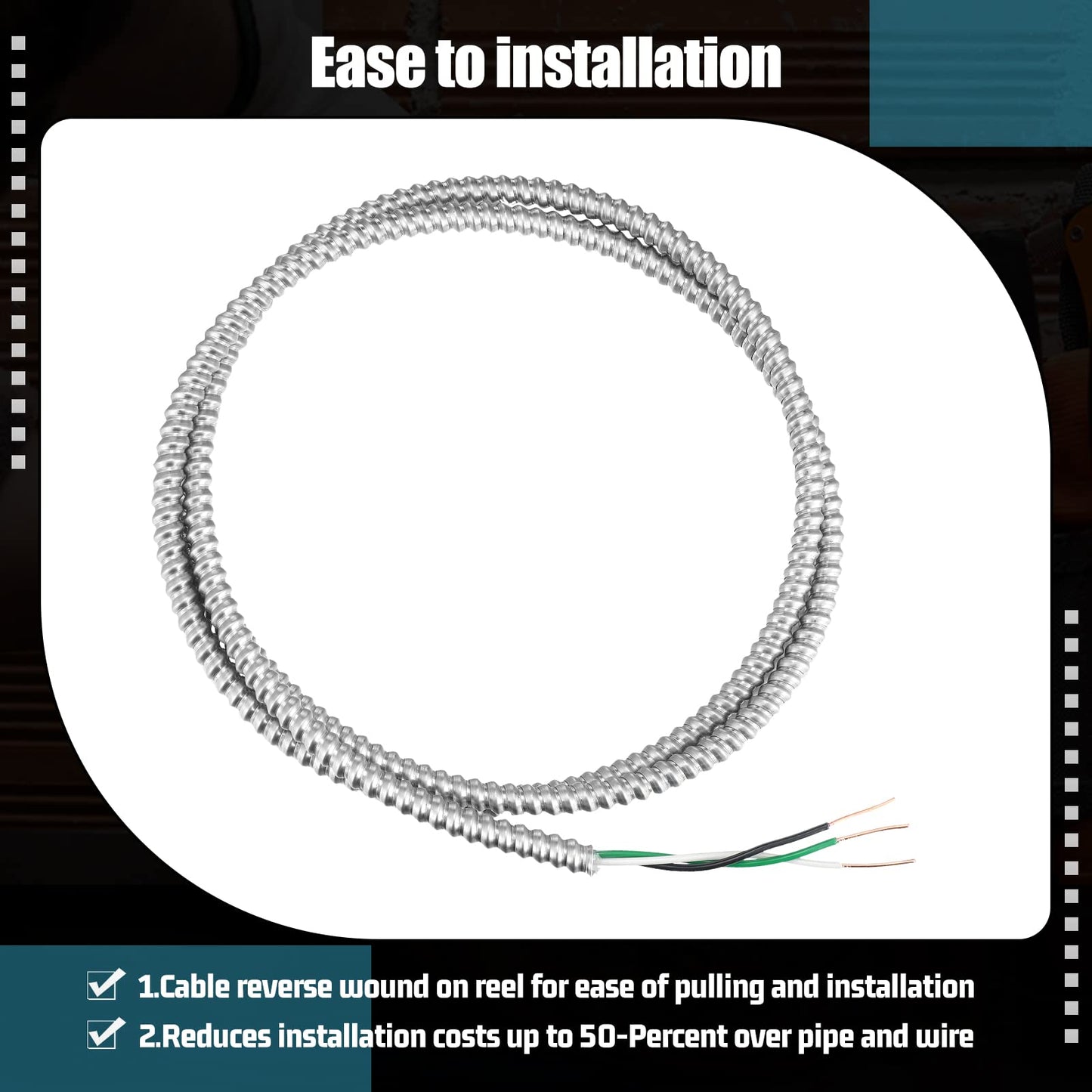 Kingdder Metal Clad Cable, Wire with Ground, Cable with Aluminum Armor, Stranded Solid Copper Conductors, Ground Wire Solid for Indoor Outdoor Underground Embedded Installation(14/2, 50 ft)