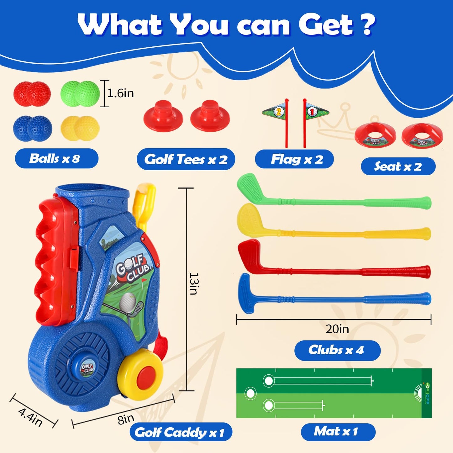SUPER JOY Toddler Golf Set with Mat, Kids Golf Cart with 4 Clubs & 8 Balls, Indoor Outdoor Golf Toys for Boys Girls, Mini Golf Gifts for Baby 3-5 Years Old
