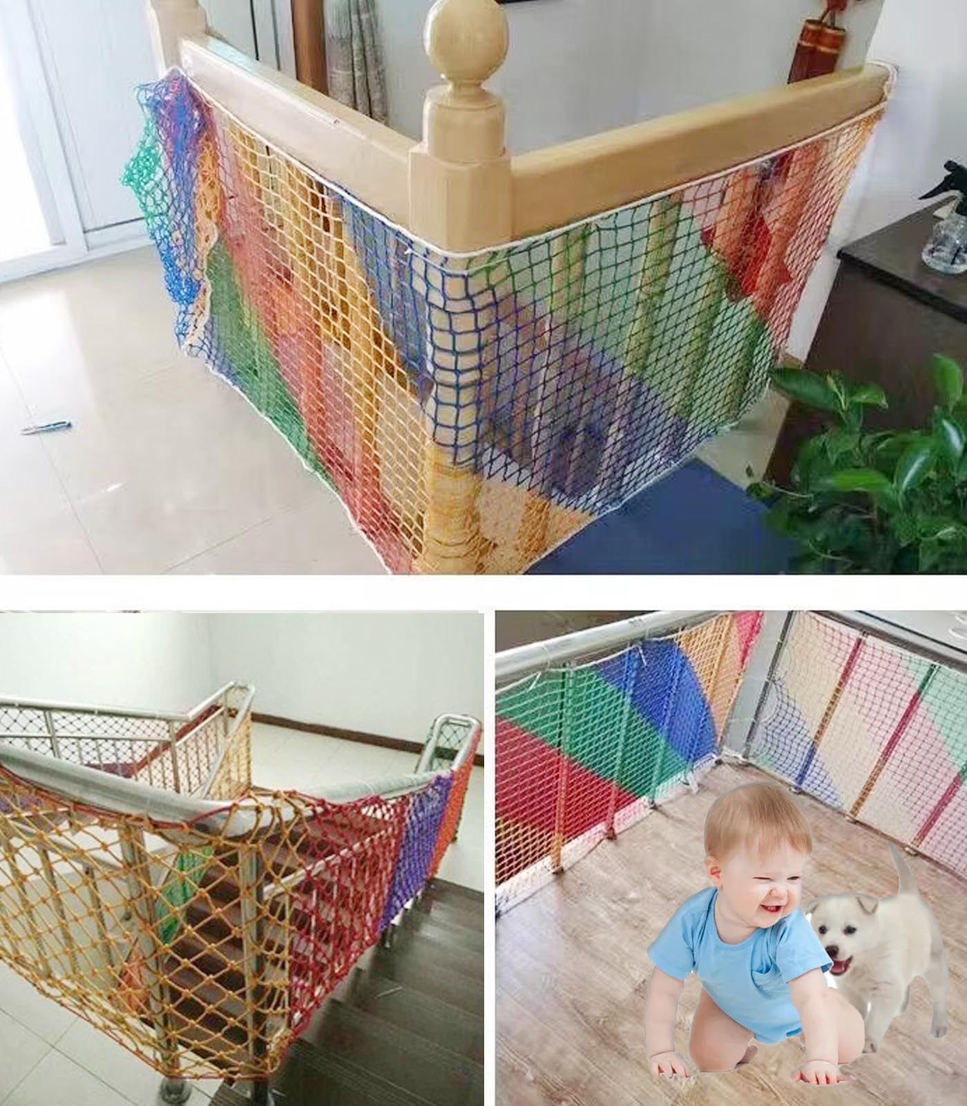 Climbing Cargo Net for Kids Outdoor Balcony Safety Rope Netting Playground Stairway Railing Children Pets Toys Knotless Sports Netting Colorful Stair Home School Play Fence Protection Net3.3X16FT