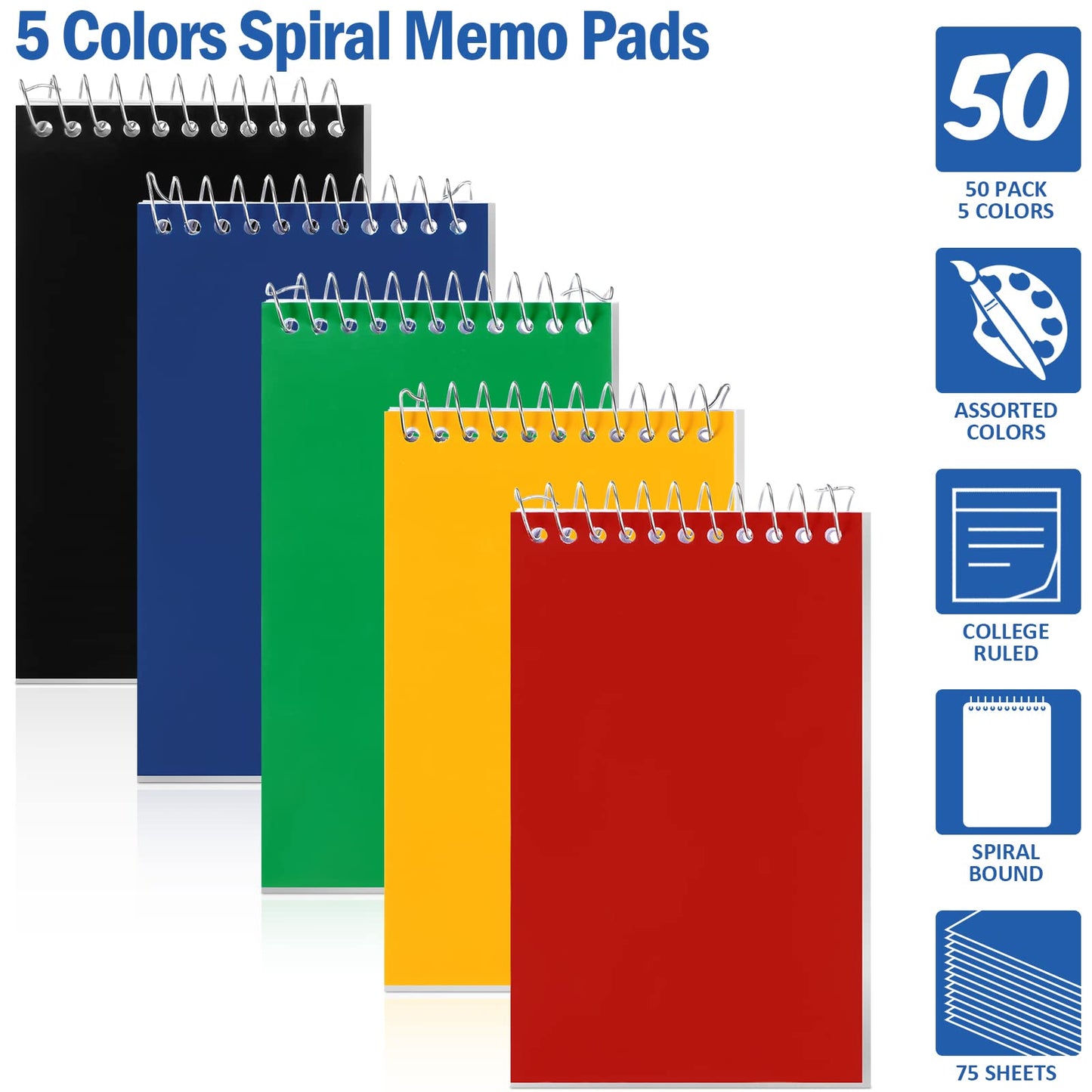 Teling 50 Pcs Spiral Memo Pads Bulk, 3x5 Inch Small Note Pads, Pocket Notebooks with 75 Sheets College Ruled Lined Paper, Top Bound Mini Spiral Notepad for Back to School Gifts Office Home Supplies