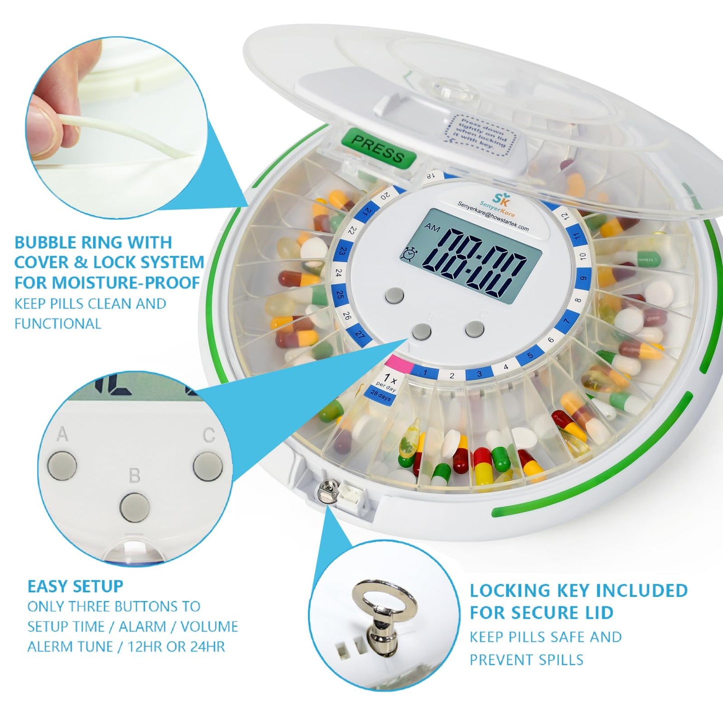SenyerKare Automatic Pill Dispenser with Safety Lock, Flashing Light, Sound, Alarm, 28-Day Electronic Medication Dispenser for Vitamins and Tablets Up 6 Times/Day, Easy Read Display, Clear Lid