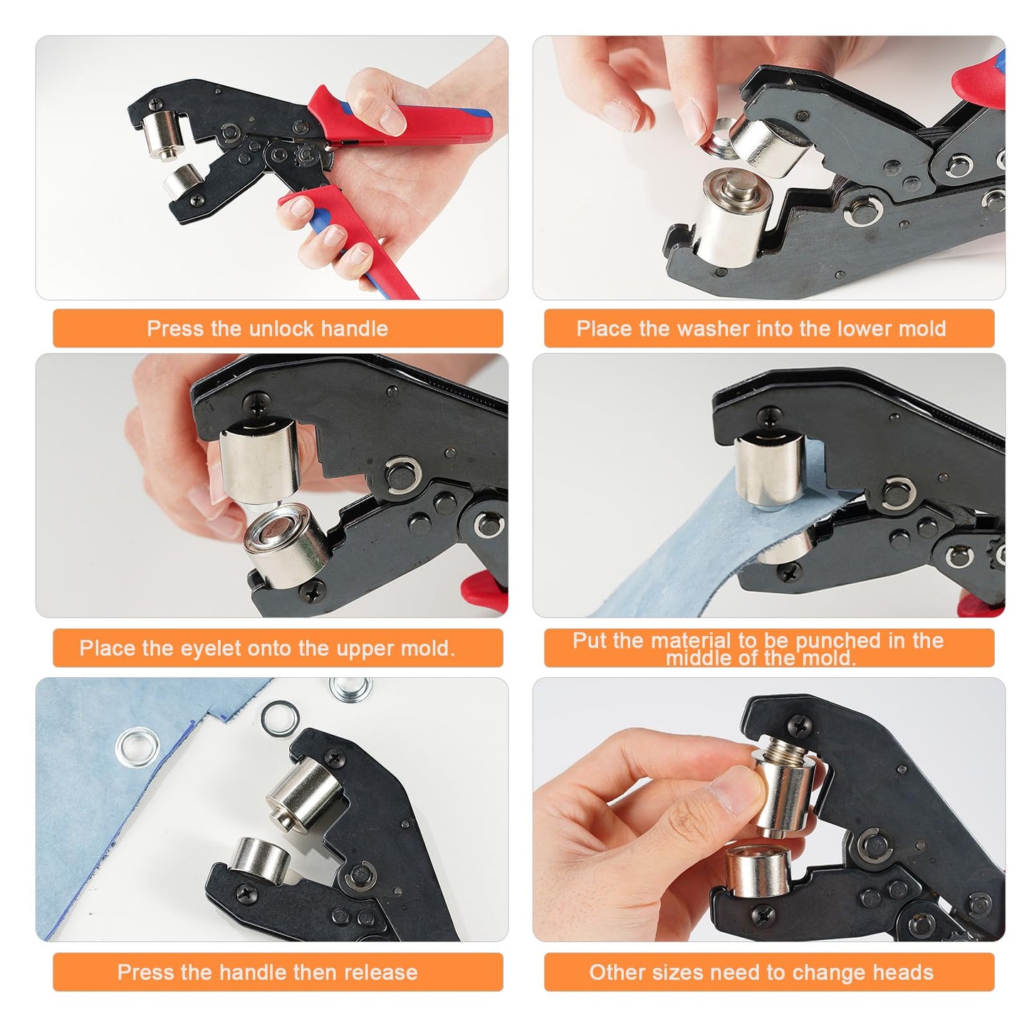 Heavy Duty Ratchet Grommet Tool Kit with 500 Pairs 6mm and 10mm Grommet Kit, Amliber Interchangeable Head Grommet Press with Silver Eyelets and Grommets for Fabric, Tarp, Leather