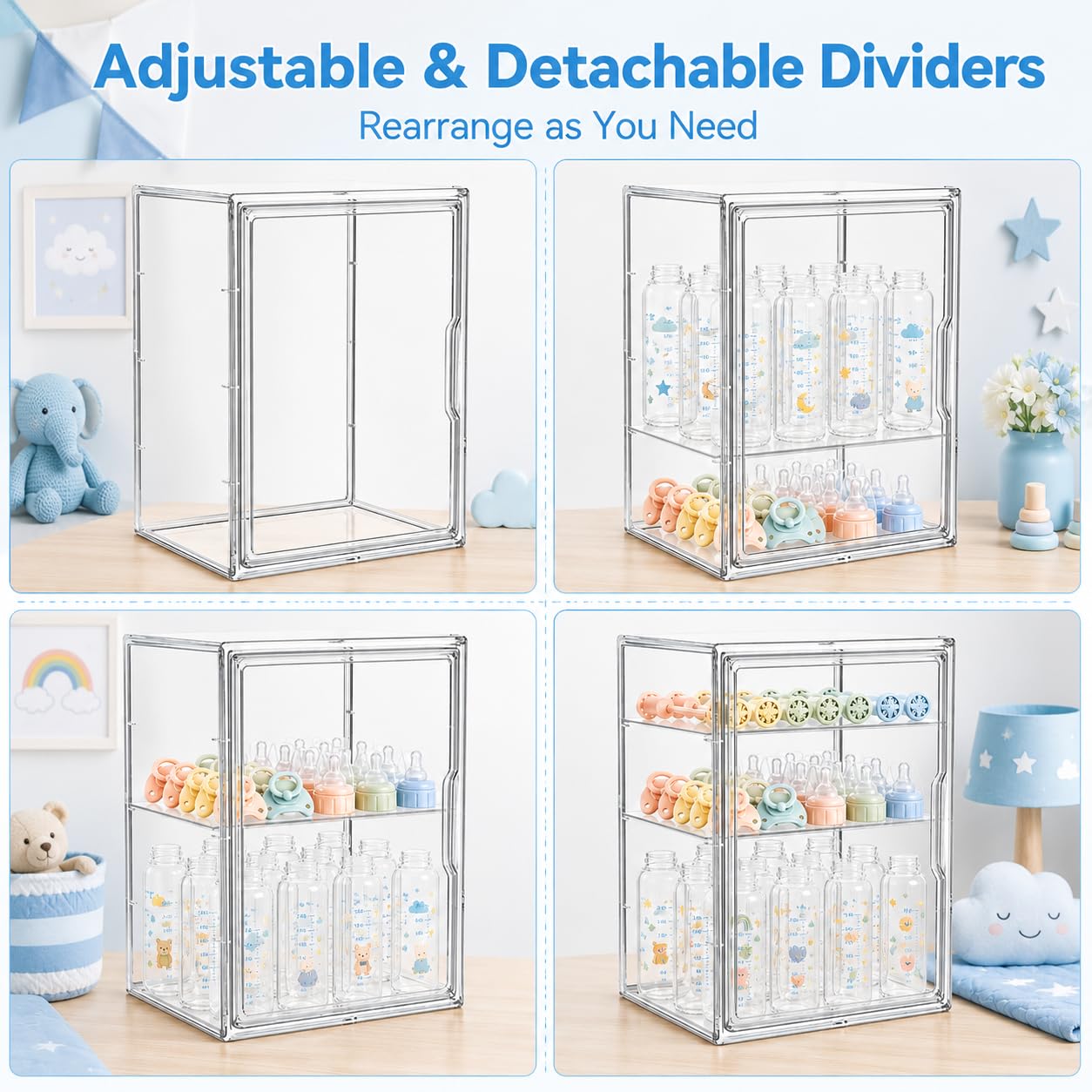 Heliospark Baby Bottle Storage Organizer for Countertop, X-Large Clear Bottle Organizer, Baby Bottle Storage Organizer for Bottles, Nipples, Pump Parts & Food Jars, Nursery Cabinet, Kitchen Pantry