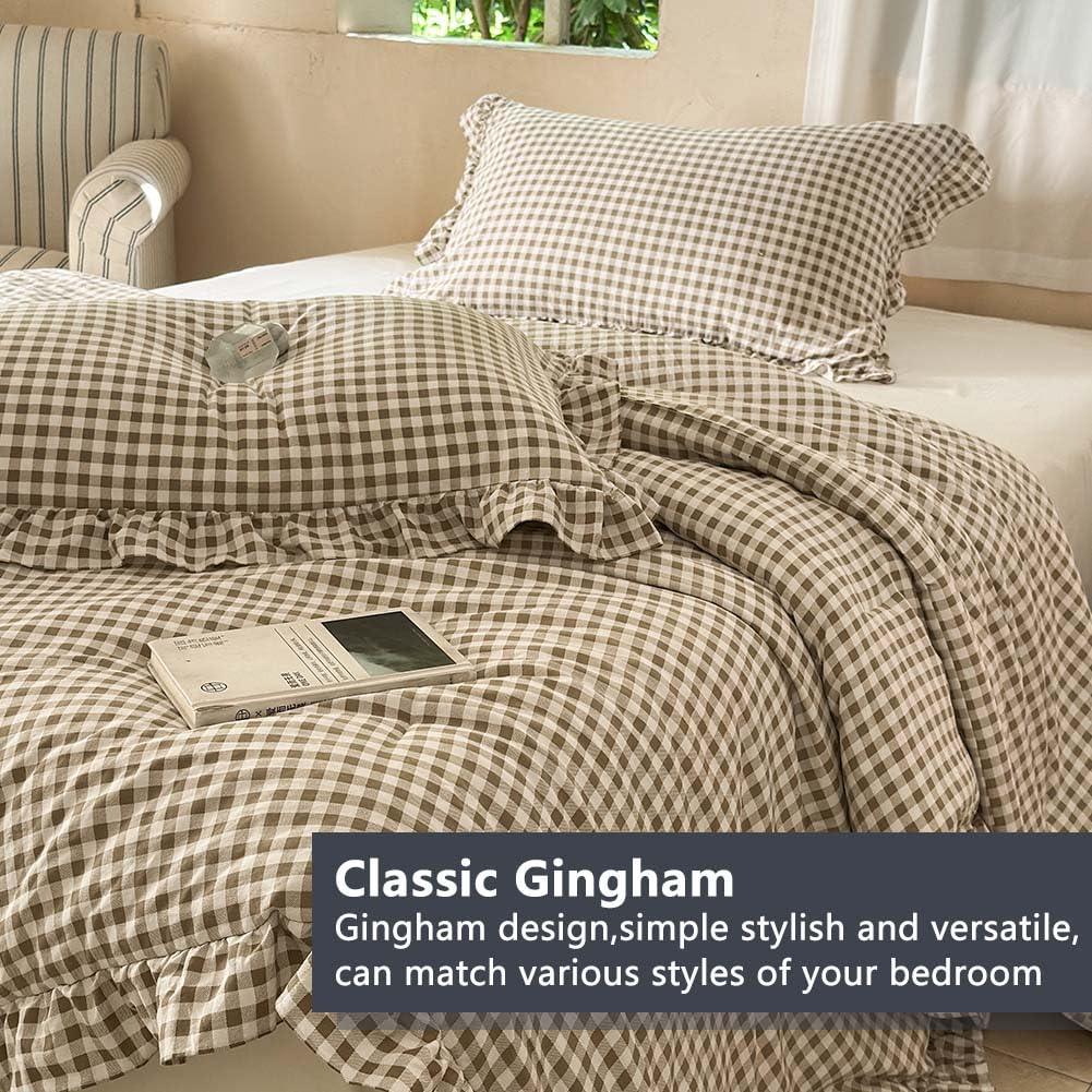 NSNLGSGC Tan Ruffle Gingham Comforter Set Queen, Pre-Washed Ruffled Taupe Plaid Checked Comforter Bedding, 3 Pieces Vintage Farmhouse Grid Bedding Set(Tan Gingham, Queen)