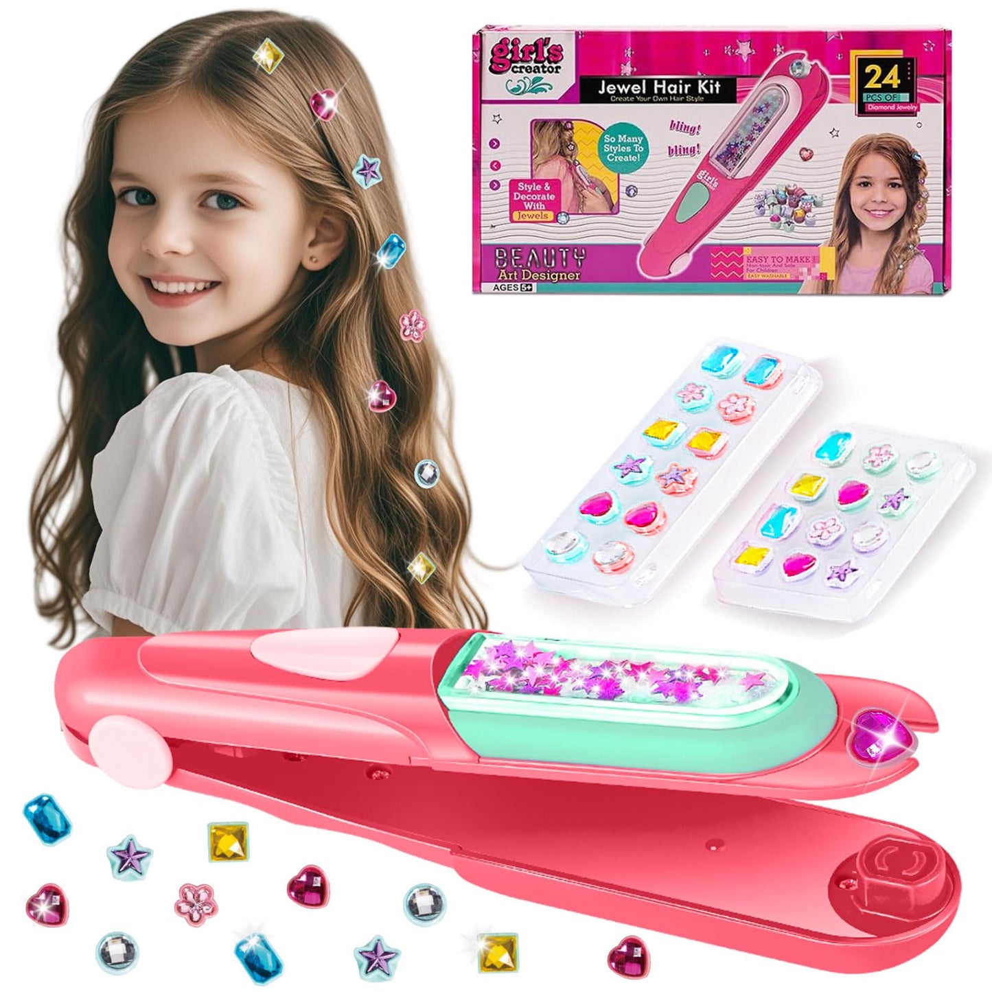 Hair Gem Stamper Kit, Hair Bedazzler Styling Tool with Reusable Rhinestones, Girls Hair Accessories, Birthday Gift Toy for Girls (Pink) (red)