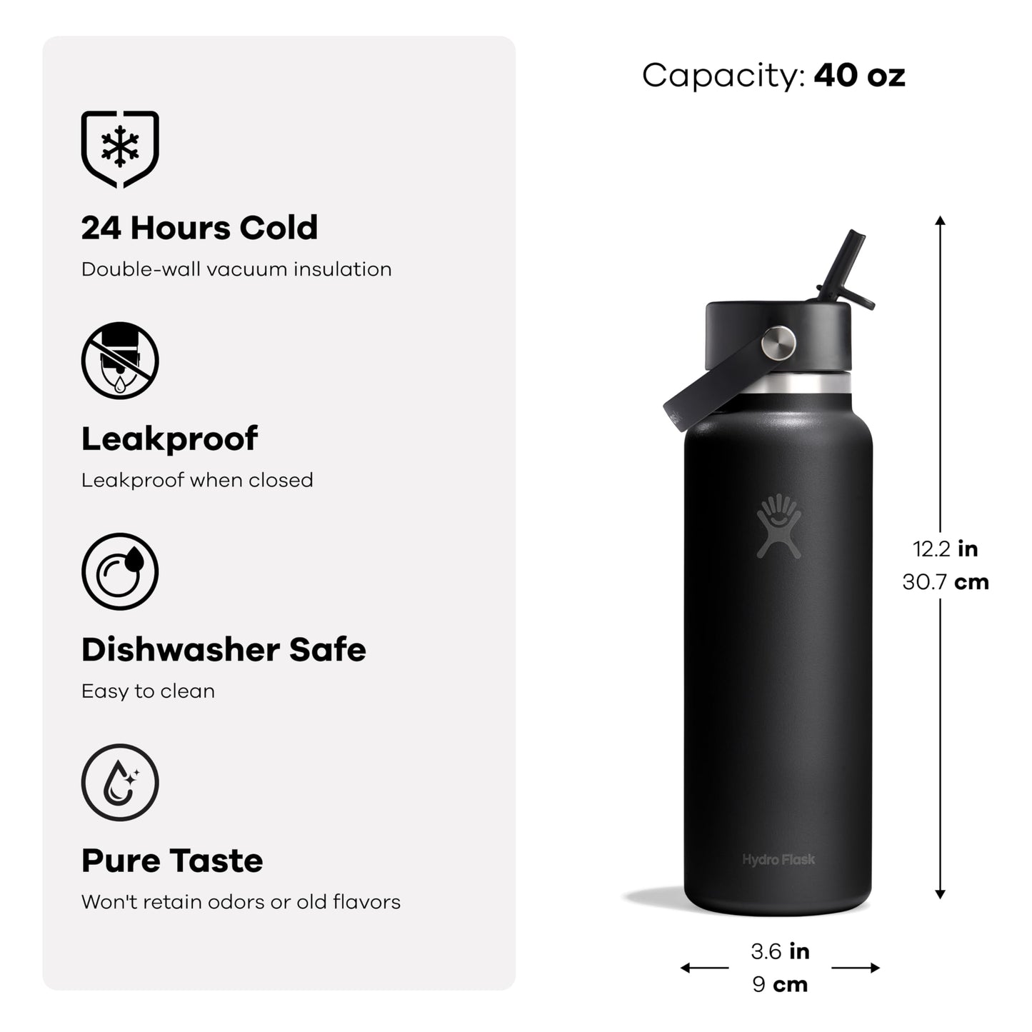 Hydro Flask Water Bottle - Insulated Stainless Steel - Wide Straw Lid, Non Spill, Leakproof in 40 Oz Tonal Black
