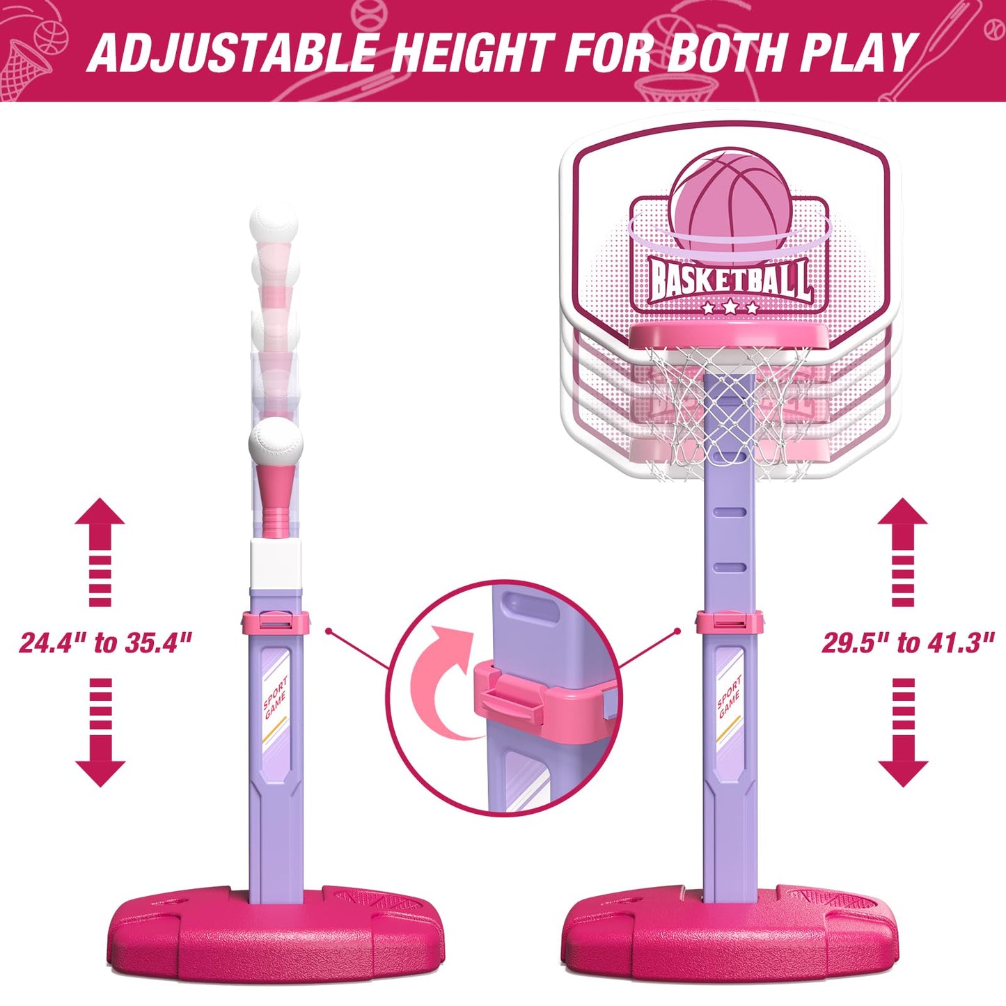 Wee Wonders 2 in 1 Toddler Basketball Hoop and T Ball Set with Automatic Pitching Machine - Adjustable Height, Kids Basketball Hoop Suit for Indoor/Outdoor, Sport Toys Gifts for Girls Age 3-8, Pink