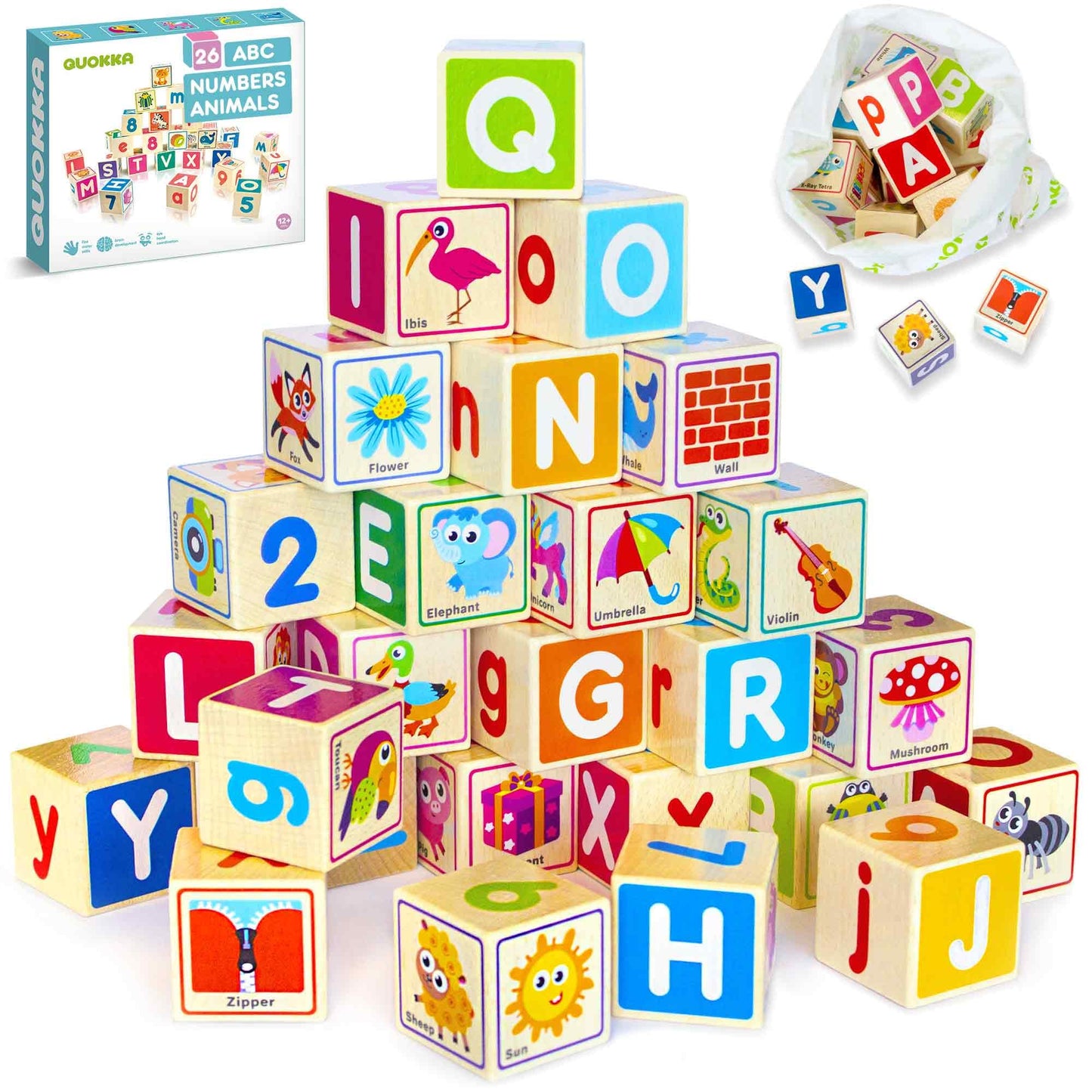 QUOKKA Wooden Blocks for Toddlers 1-3 - 26 ABC Learning Baby Blocks for Kids 3-5 Year Olds Stacking Alphabet Wood Toys 2-4 yo - Educational with Letters Numbers