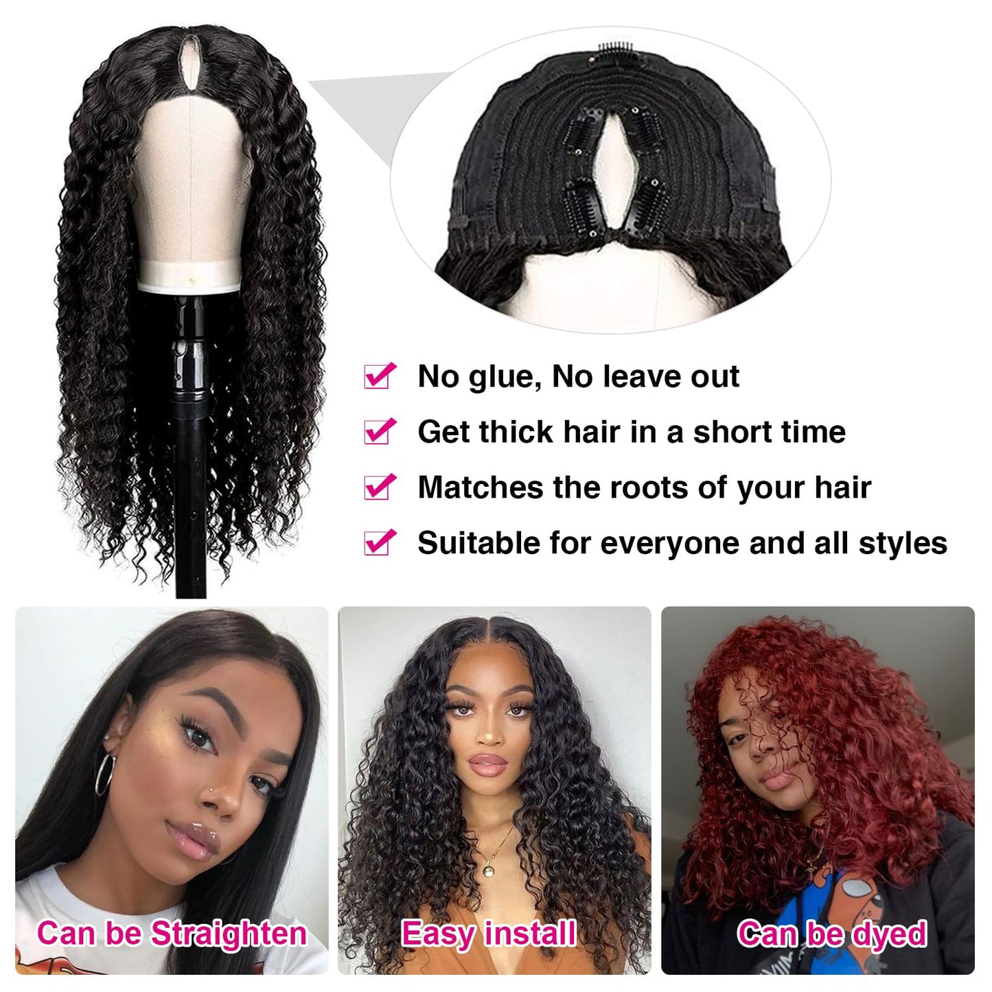 UNILO V Part Wig Human Hair No Leave Out Upgrade Curly V Part Wig Human Hair Wig for Women 150% Density V Part Wig No Glue No Sew Clip In Half Wig Natural Color 20 Inch