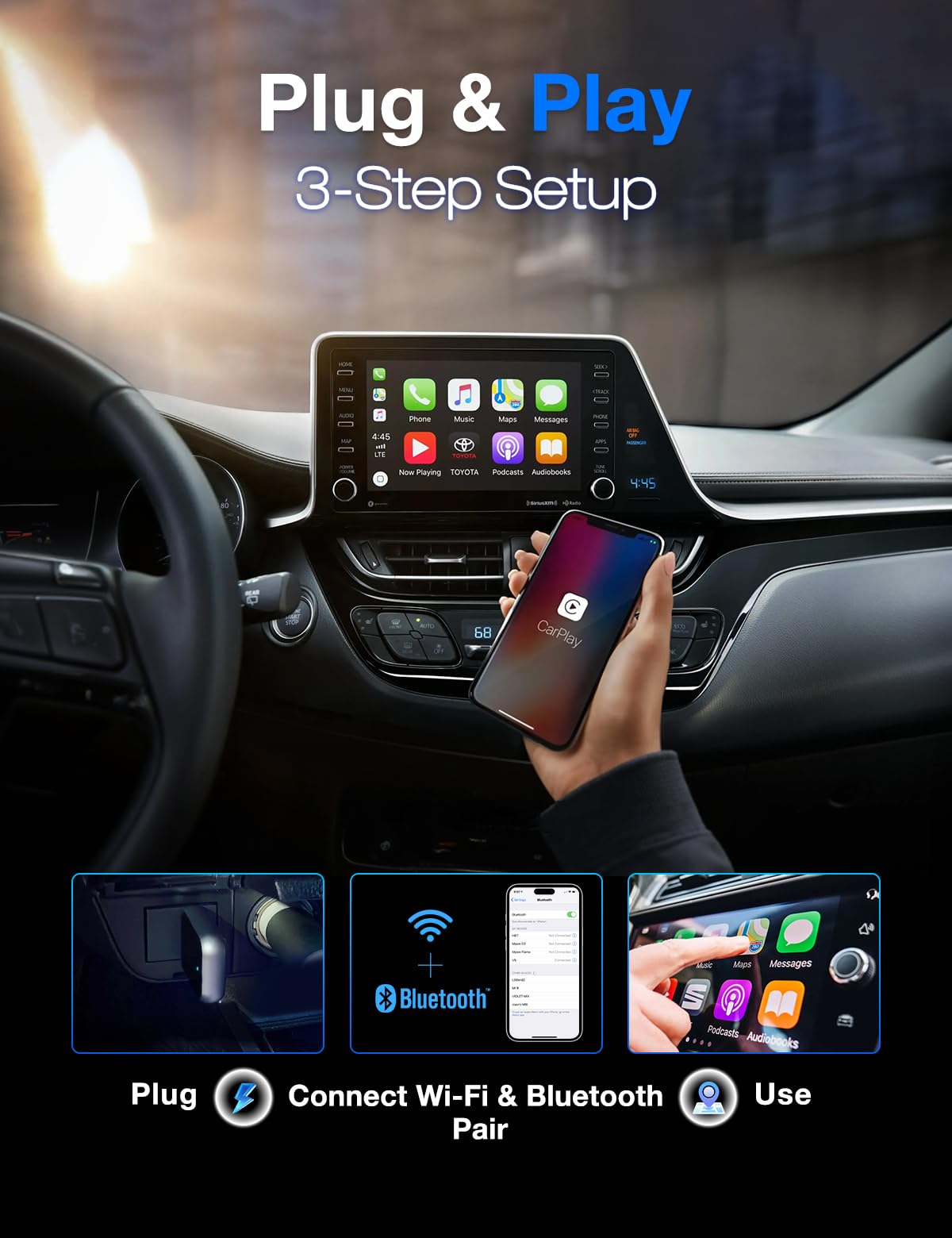HUSHSPOOL Carplay Wireless Adapter Compatible with Apple - Convert Wired to Wireless Carplay Adapter for iPhone(2025 Upgraded), Fast Auto Connection No Delay Mini Size with Extension Cable USB & USB-C