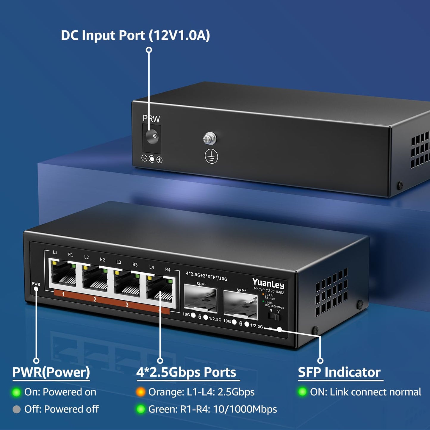 6 Port 2.5G Unmanaged Ethernet Switch, 4 x 2.5G Base-T Ports, 2 x 10G SFP, Compatible with 100/1000/2500Mbps, VLAN, Fanless, Desktop/Wall Mount YuanLey 2.5Gbe Network Switch for Wireless AP, NAS, PC