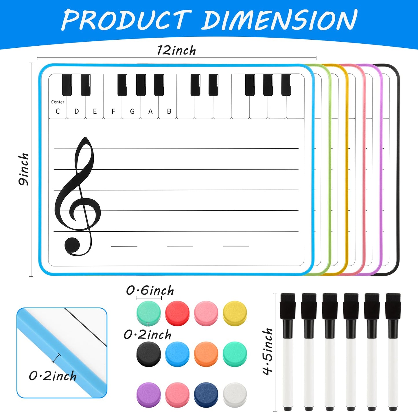 6 Pack Magnetic Music Staff Whiteboard 9'' x 12'' Mini Dry Erase Board for Piano Students Musicians Small White Board Music Classroom Supplies Keyboard Practice (Include 12 Magnets & 6 Markers)