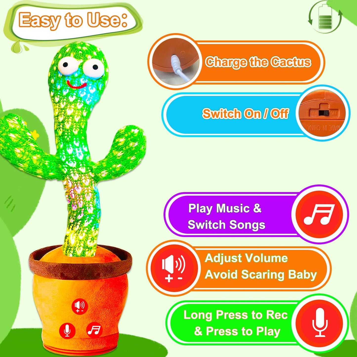 Volume Adjustable Dancing Talking Cactus Toy for Baby Toddler, Interactive Cactus Baby Toy, Mimicking Singing Repeating, Toddler Baby Toys, Birthday Gifts for Girls Boys