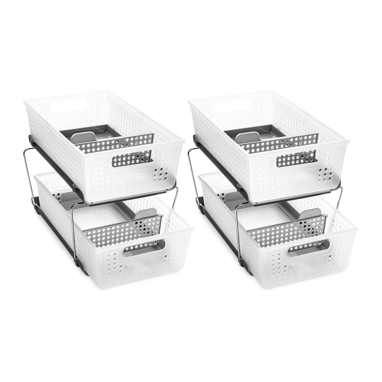 madesmart Stackable 2-Tier Organizer, 2 Pack, Multi-Purpose Slide-Out Storage with Extra Set of Legs, Handles and Dividers for Home and Bath, BPA Free, Frost 2 PACK