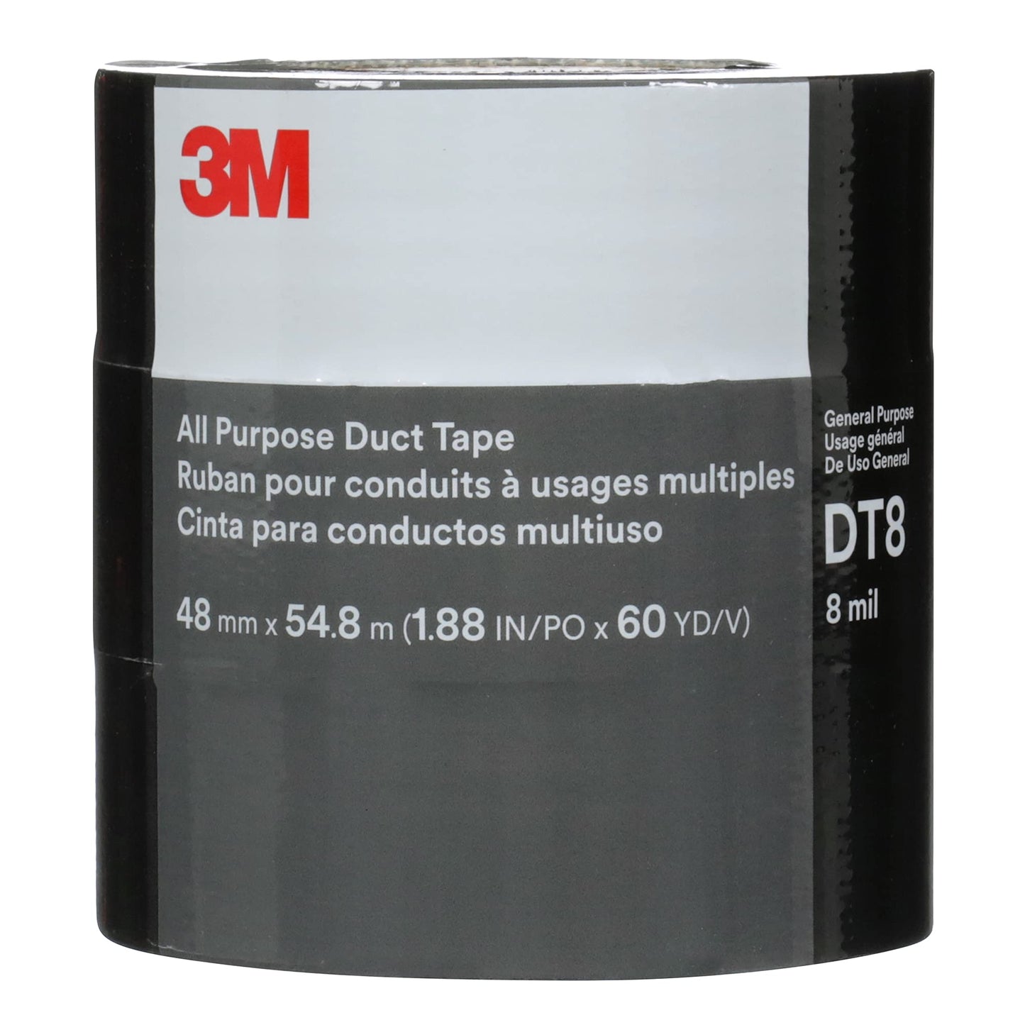 3M Duct Tape DT8, 3 Pack, Industrial Strength, Multi-Use, Black color tape, 1.88" x 60 yd, Tear by Hand, Professional Grade Adhesive, Perfect for HVAC, Bundling, Moisture Proofing, and Reinforcing