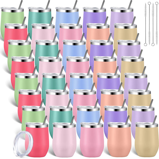 40 Pack Insulated Wine Tumbler 12oz Stainless Wine Coffee Cup with Lid Straw Double Wall Vacuum for Employee Wedding School Homeless Housekeeping Week Christmas Operation Gift(Morandi Color)