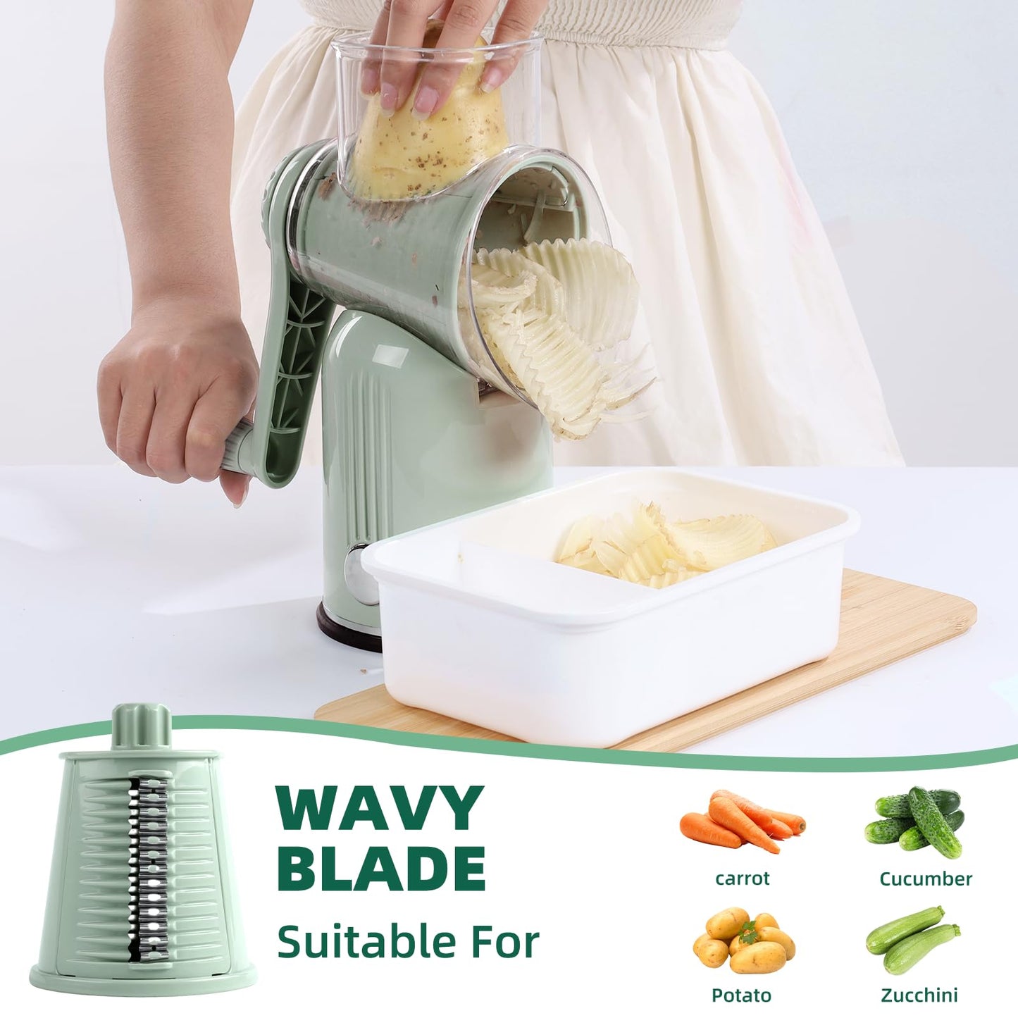 Rotary Cheese Grater with Handle, Vegetable Shredder with 5 Replaceable Blades & Strong Suction Base, Round Food Slicer & Chopper for Kitchen Fruit Vegetables Nuts with Blade Storage Box (Green)