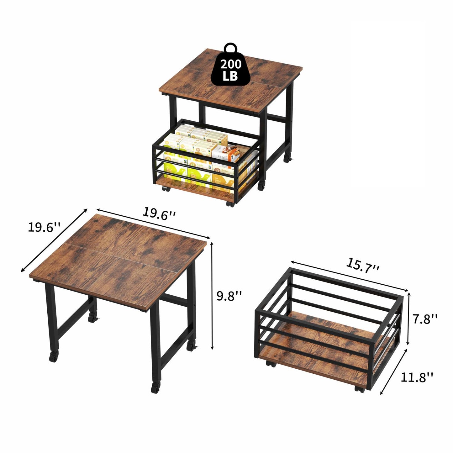 EYOCAL Mini Fridge Stand with Pull-Out Basket, 19.7" x 19.7" Large Tabletop Heavy Duty Stand with Adjustable Feet & Wheels, for Kitchen, Dorm, Office, Rustic Brown and Black
