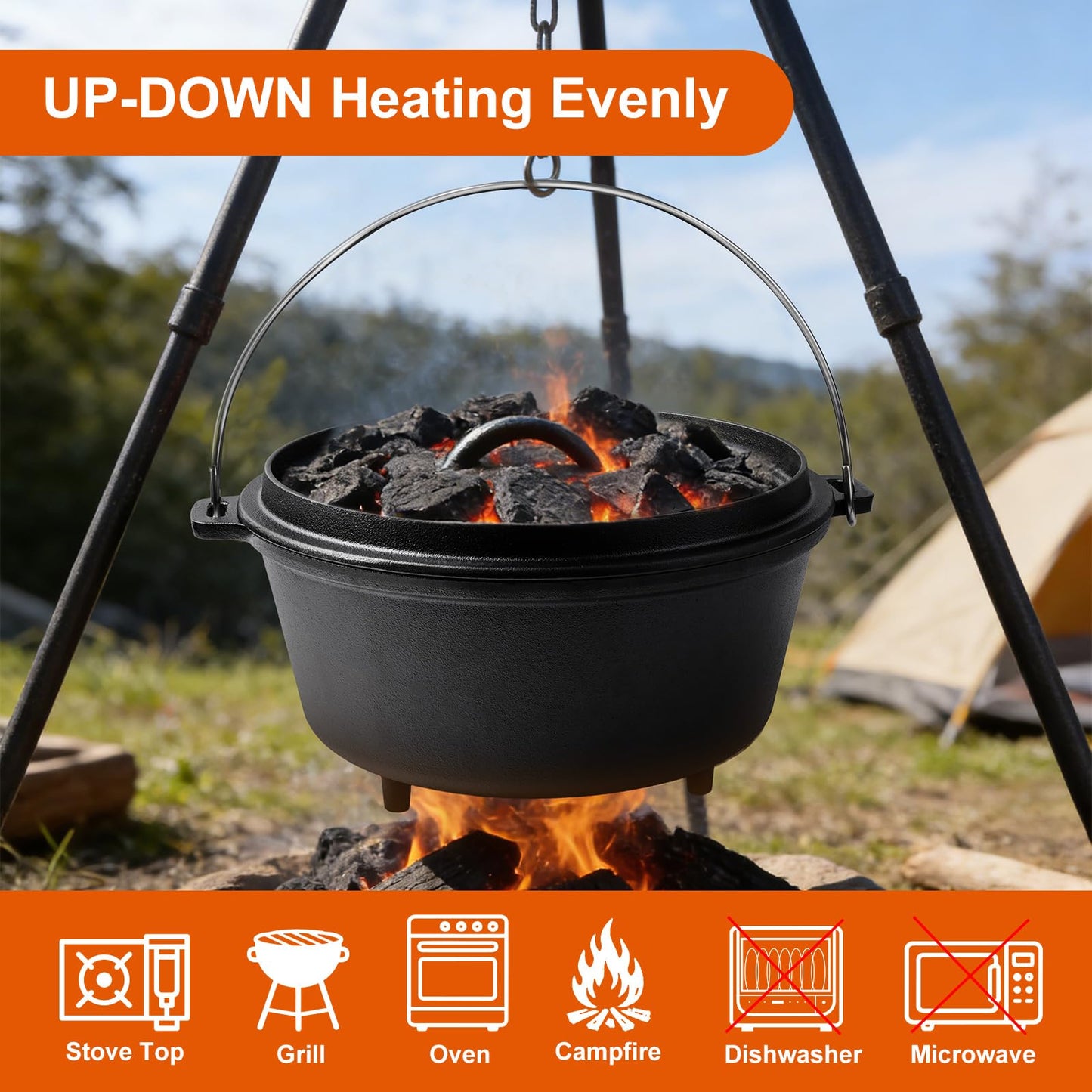 Blingco Pre-Seasoned Cast Iron 8QT Camp Dutch Oven with Lid, Large Camping Dutch Oven Pot, incl. Lid Lifter - Dual Handles - for Outdoor Campfire, Grill, Oven & Stovetop Cooking-Black