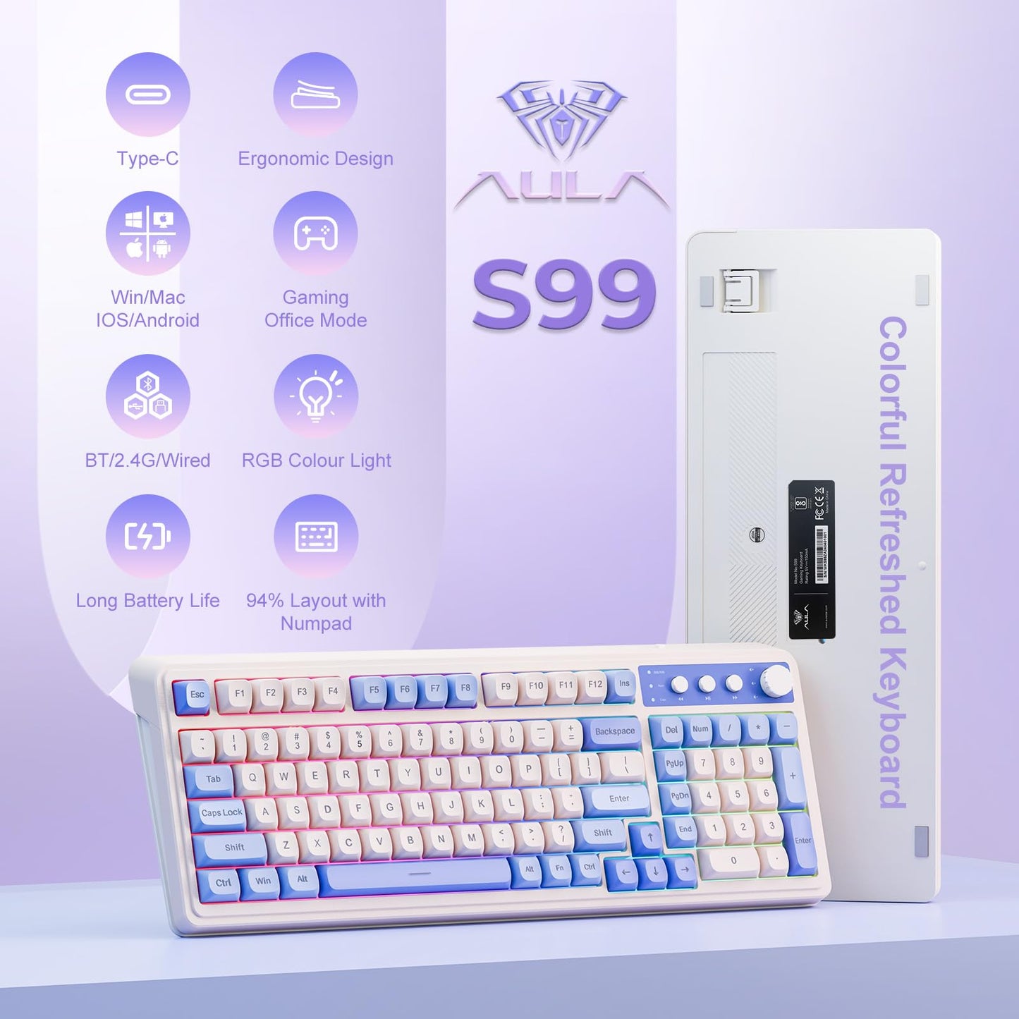 AULA 99 Key Keyboard, Tri-Mode Bluetooth/2.4GHz/USB-C Cute Creamy Gaming Keyboard with Number Pad RGB Backlit, Media Knob Custom Mechanical Feel Computer Keyboards for MAC Xbox PC Gamer - Purple