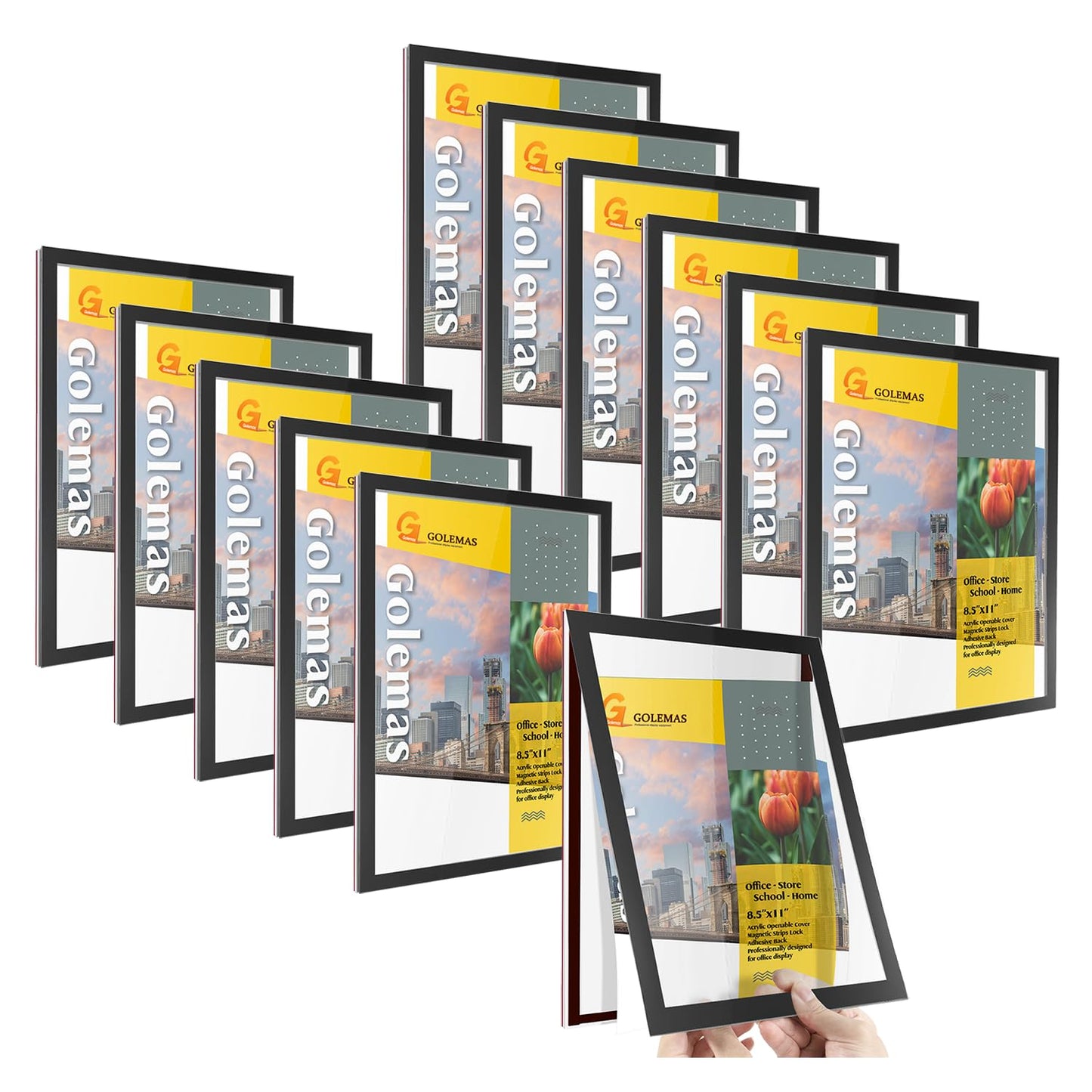 Golemas Acrylic Magnetic Sign Holder, Easy-Opening 8.5 x 11 Wall Mount Display Frames, Self Adhesive Back Plastic Clear Document Frame, Horizontal & Vertical Display (Black, 12Pack)