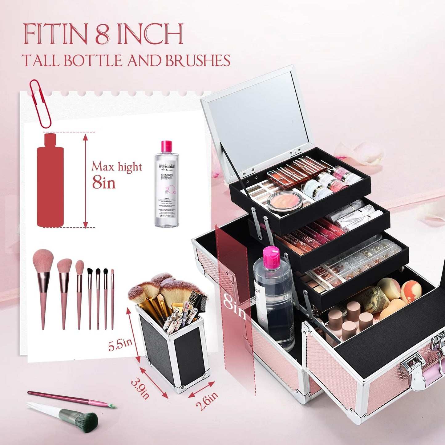Joligrace Makeup Train Case Cosmetic Box 11.8 Inches Jewelry Organizer Professional 3 Tiers Trays with Mirror and Brush Holder Lockable Key Portable Travel Mermaid Pink