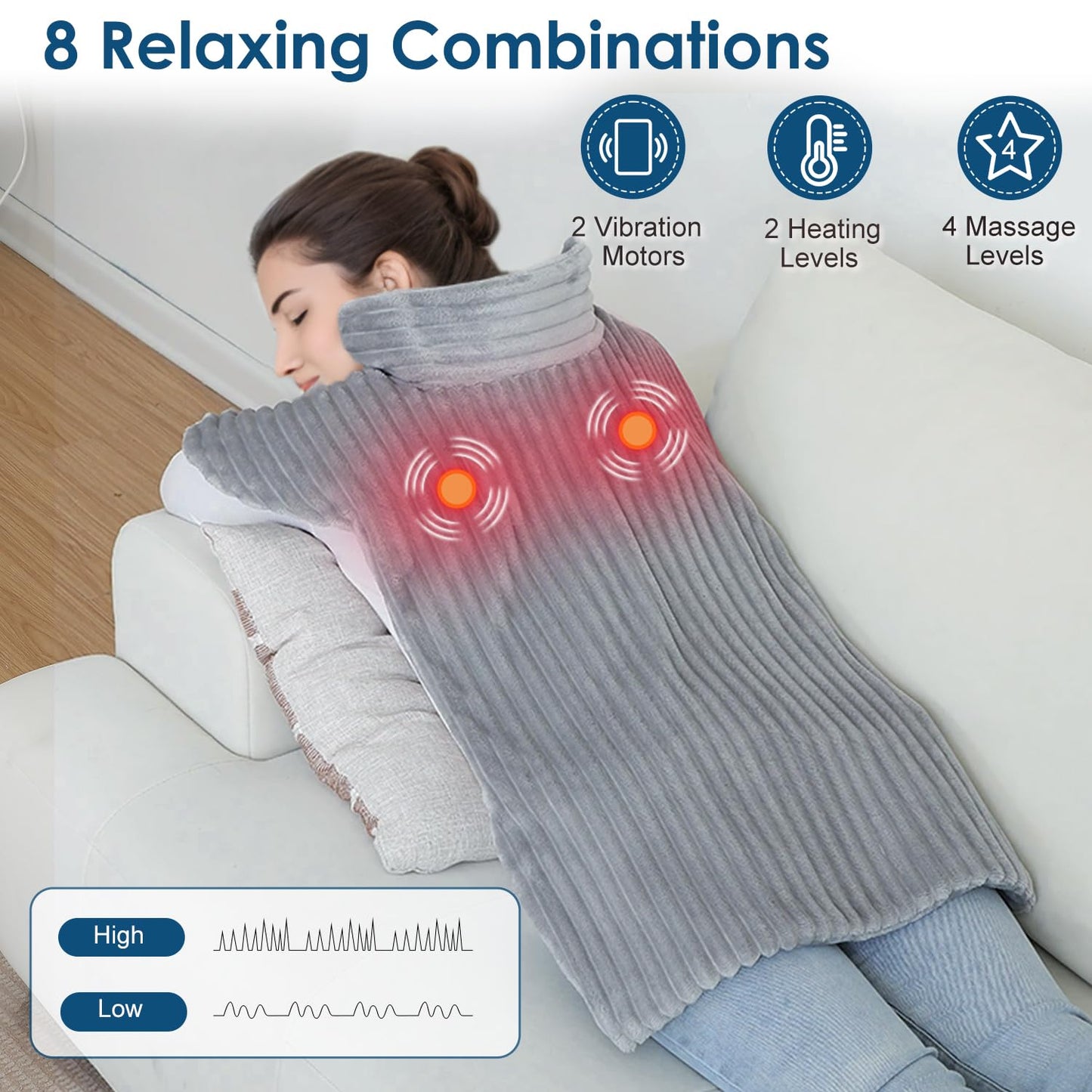 Massaging Heating Pad for Neck and Shoulders,Wearable Heating Pads for Back Pain Relief,Auto-Shut Off, 2 Heat Settings Heating Pad Wrap with Massager,Machine Washable,24 x35inch Grey