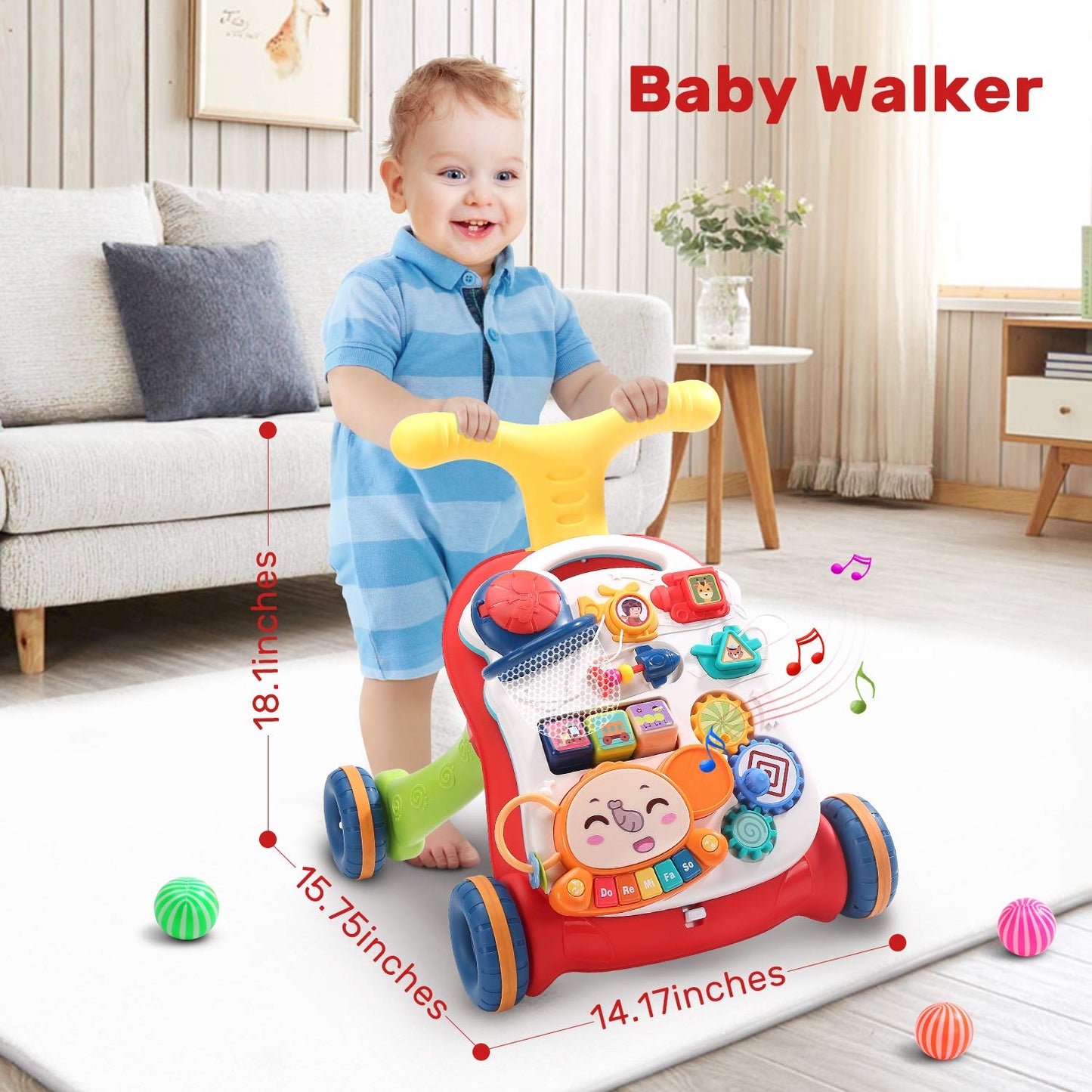 CUTE STONE Sit to Stand Learning Walker, 2 in 1 Baby Walker, Early Educational Child Activity Center, Multifunctional Removable Play Panel, Baby Music Learning Toy Gift for Infant Boys Girls