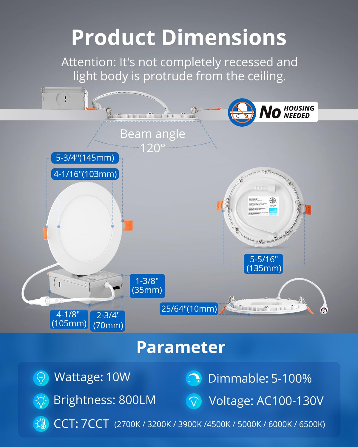 Vtuik 5 Inch LED Recessed Ceiling Light, 10W Dimmable Canless Wafer Downlight, Damp-Rated for Kitchen Living Room Basement Bathroom, Ultra Thin with Junction Box, 800LM 7CCT 2700K-6500K, 8 Pack