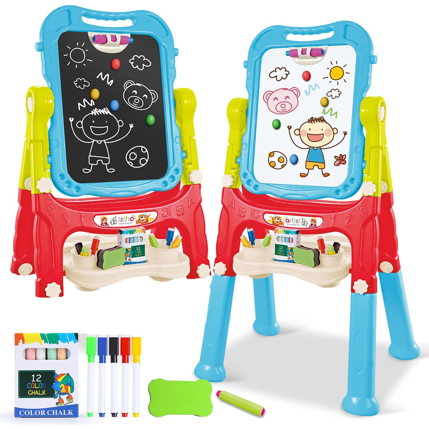 Toddler Art Easel Toys, Magnetic Chalk Board and White Board Easel for Kids with Painting Accessories, Rotatable Double Sided Easel, Birthday Gift for Boys and Girls