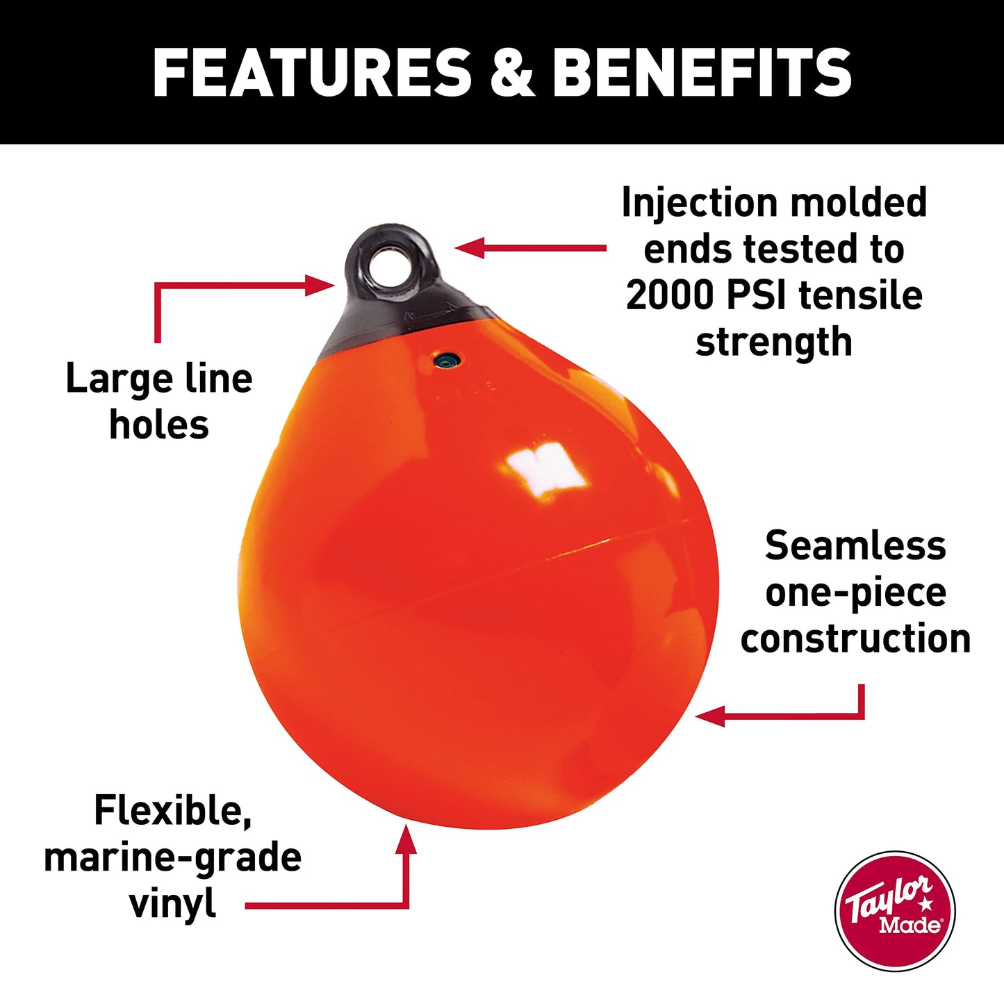 TAYLOR MADE PRODUCTS Tuff End Buoy, Orange (15") – Flexible, Strong, Marine-Grade Vinyl Buoy for 25-40 Foot Boats – Easy-to-use, Trivalve™ Inflates with Standard Ball Pump – 2020108089