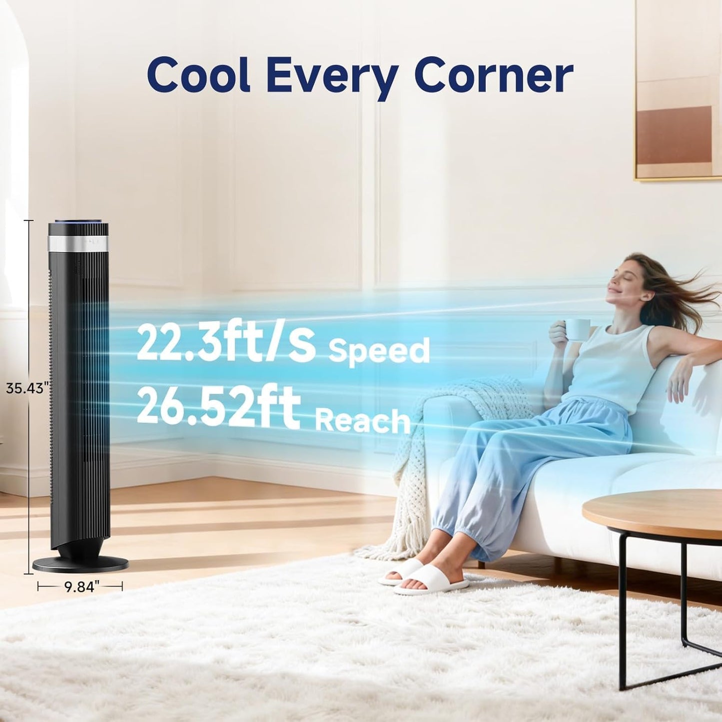 Alpen Tower Fan for Bedroom, 28db Quiet for Sleep Bladeless Tower Fan with Remote 5 Speeds & 4 Modes 12h Timer, Oscillating Standing Fan for Home Indoor, Black