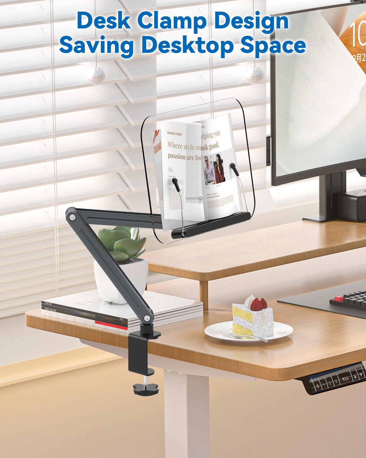 YCNEW Desk Clamp Acrylic Book Stand for Reading, Ergonomic Design Adjustable Height up to 20 inches with Rotating Bases Cookbook Stand, Suitable for Recipe, Sheet Music, Tablet(Gray)