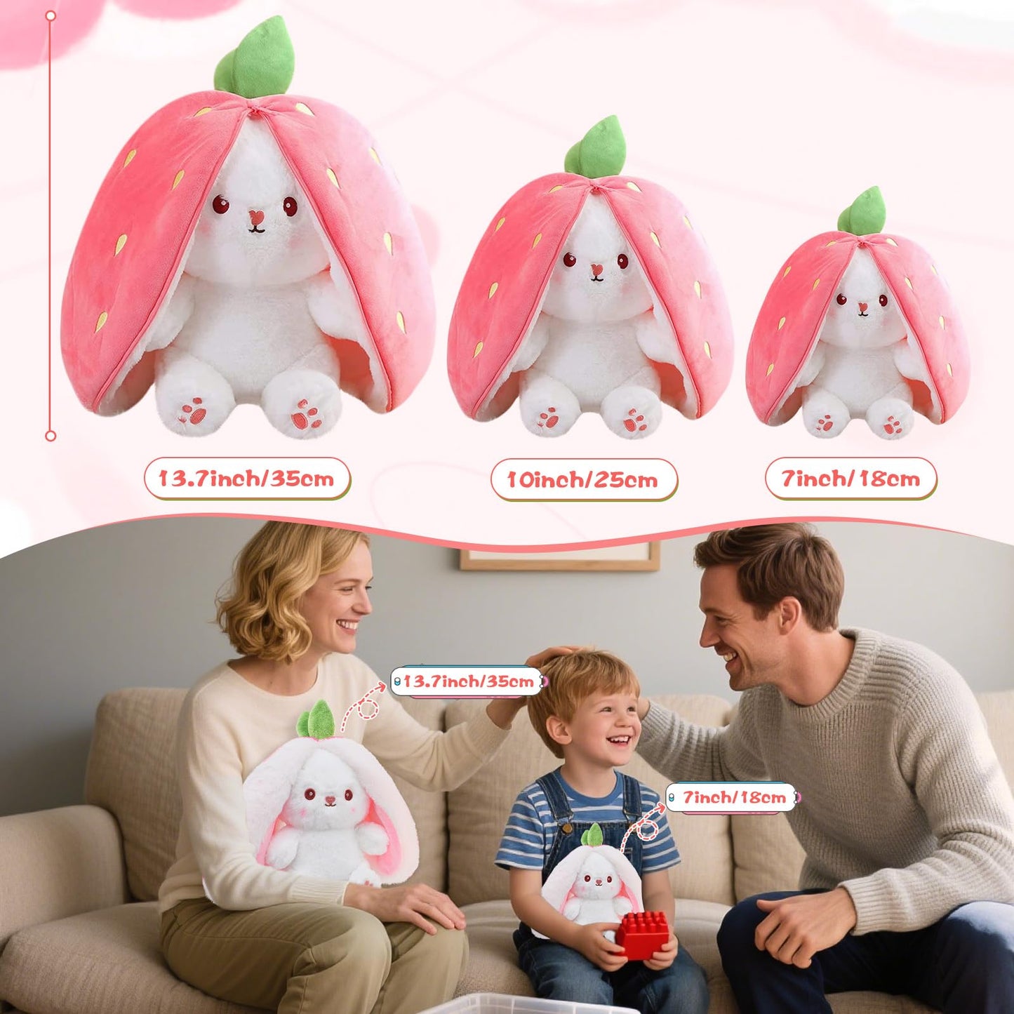 MIAODAM 13.7inch Large Easter Bunny Stuffed Animal, Kawaii Squishy Cute Easter Bunny Plush Turn Into Rabbit Fruit Doll Carrot Strawberry Pillow, Plushies Funny Bunny Toy for Baby Gifts for Girlfriend