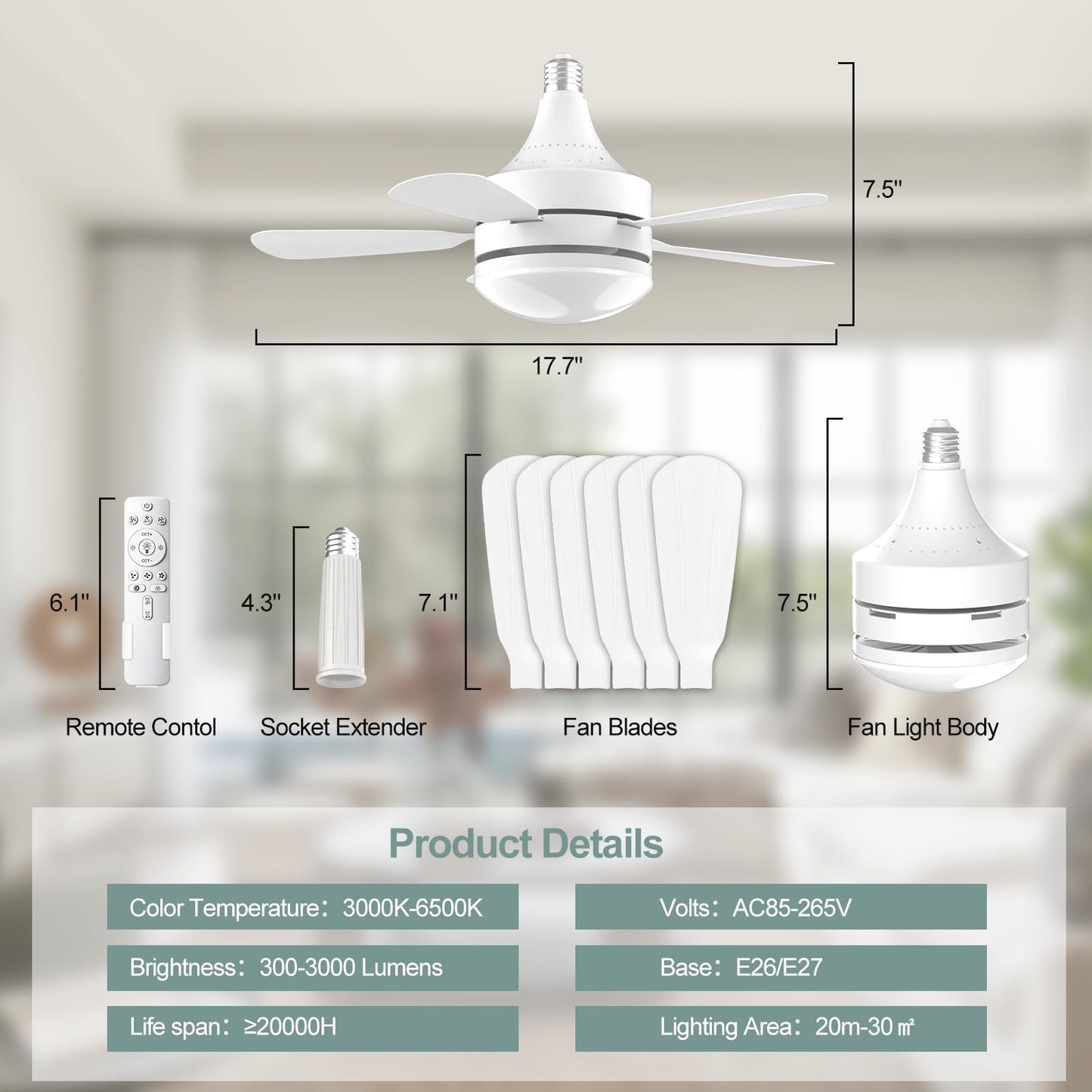 WZZIW 17.7" Socket Fan Light, 3000 Lumens Small Ceiling Fans with Lights and Remote, E26/E27 Light Bulb Fan with Reversible Motor, Dimmable 3000K-6500K Light Socket Fan for Bedroom Kitchen Garage
