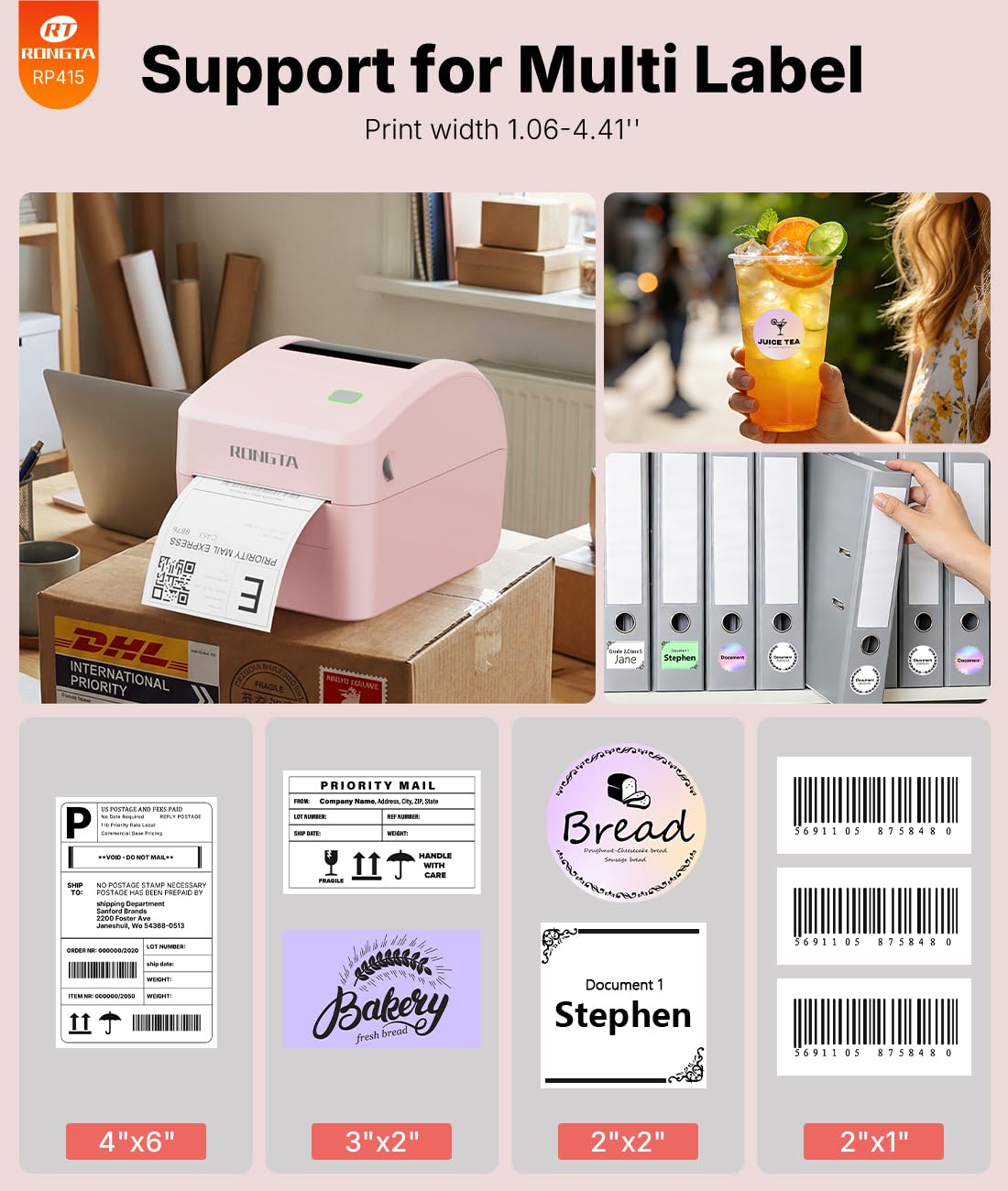 Rongta 4x6 Bluetooth Shipping Label Printer - Thermal Label Printer for Shipping Packages, Small Business, Home, Office, Compatible with Amazon, Tiktok, Etsy, USPS, Commercial Grade, Pink
