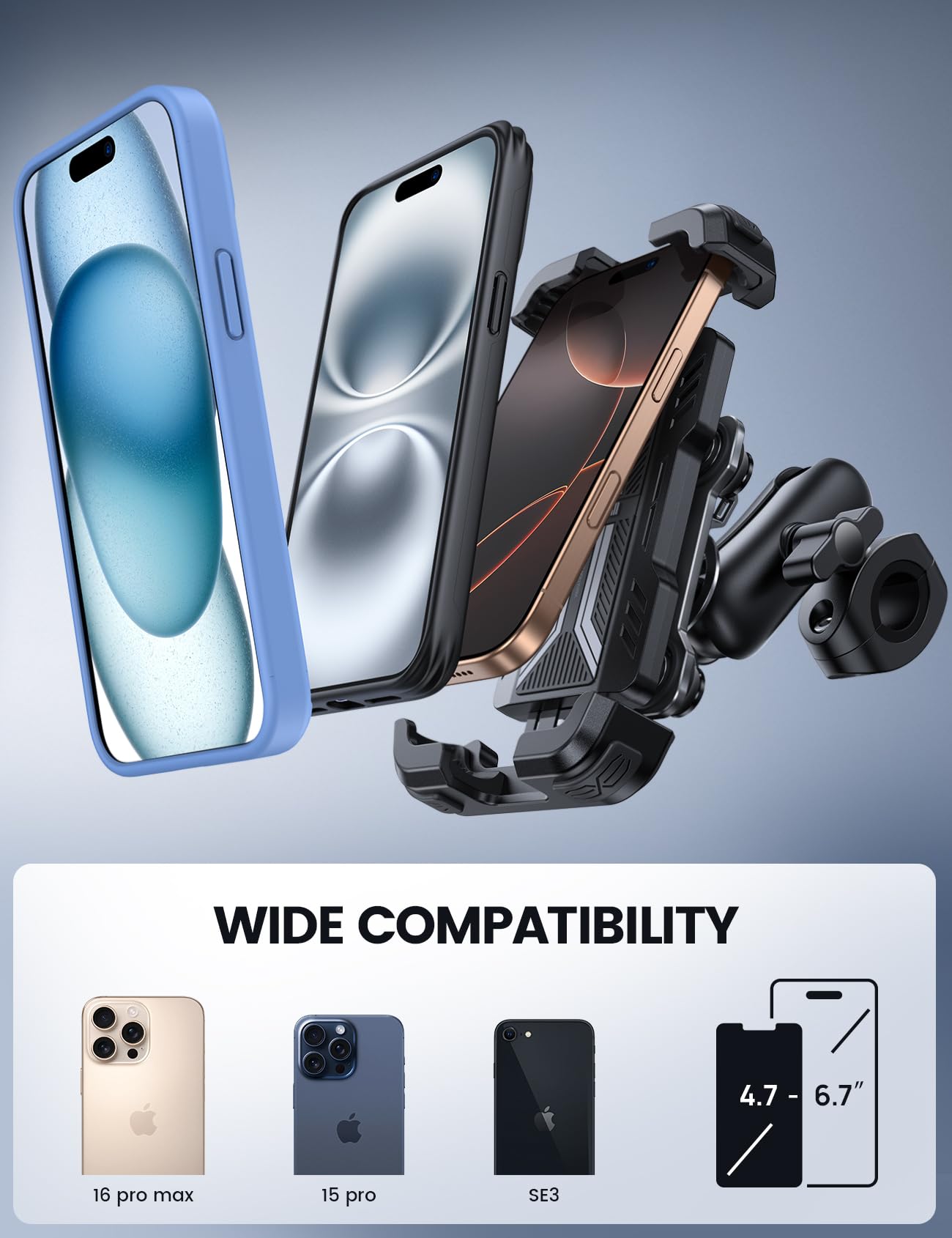 Lamicall Motorcycle Phone Mount Holder - [Dual Vibration Dampener] [720° Adjustment Arm] Motorcycle Cell Phone Holder, Bike Handlebar Phone Mount, for iPhone 16/15/ 14/13 Pro Max, 4.7-6.7" Phones
