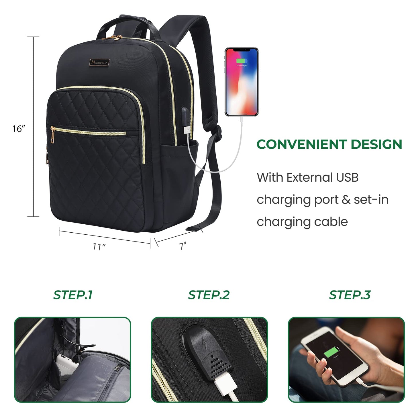 Modoker Eco-Friendly 15.6 Inch Laptop Backpack, Quilted Work Backpack for Women Bookbag Teacher Backpack with USB Charging Port, Travel Backpack Purse for Women Nurse, Black