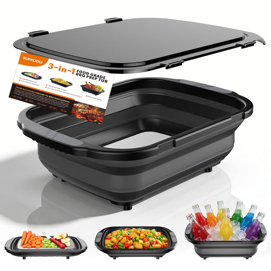 Collapsible BBQ Prep Tubs with Titanium Cutting Board, Large-Capacity（5.3Gal/20L）Barbecue Utensils, with Locking Lid, Strong Sealing and Leak-Proof Design. Suitable for Kitchen and Outdoor.