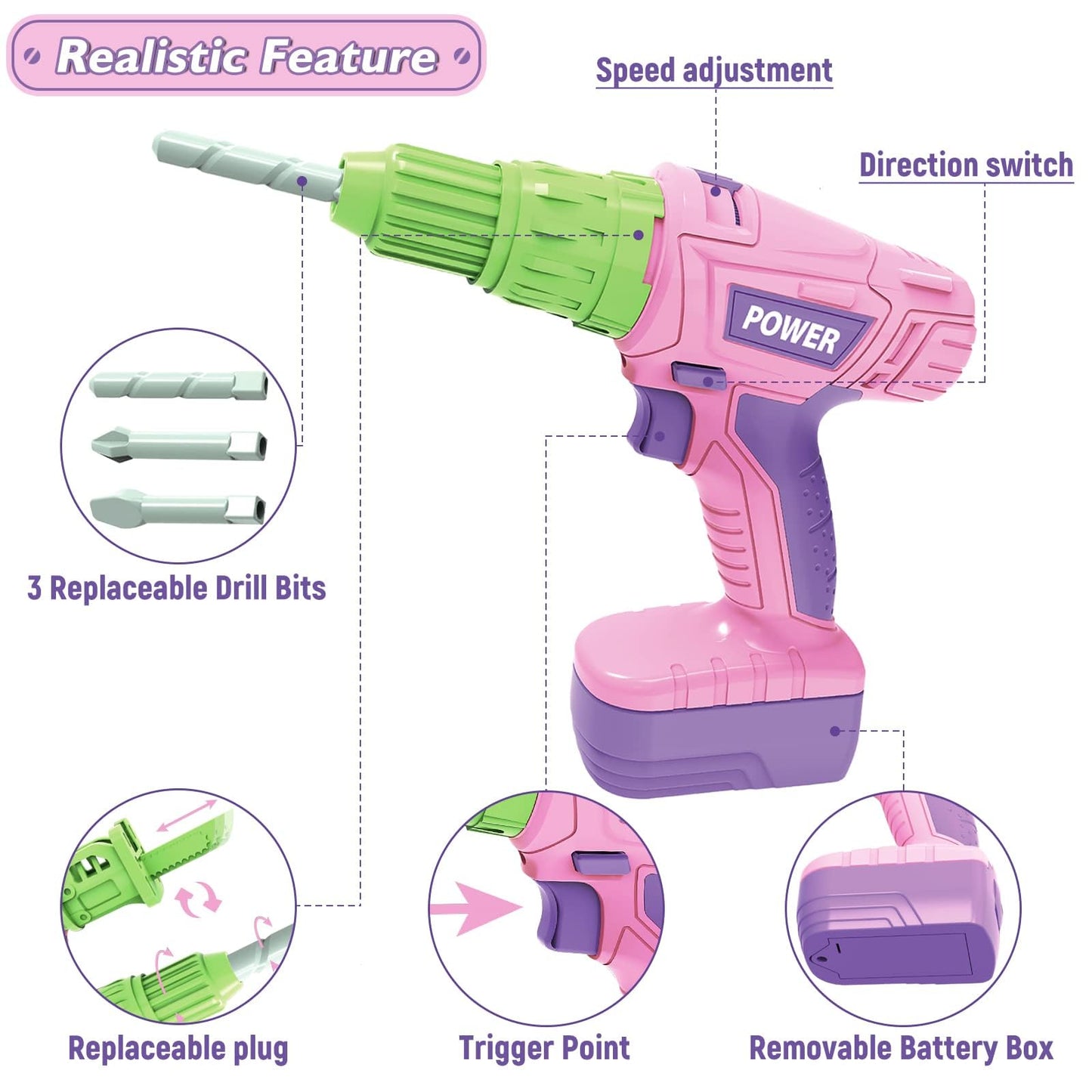 EP EXERCISE N PLAY 18 Pieces Kids Tool Set Pretend Play Construction Tool Accessories with a Tool Box Including Toy Electric Drill (Pink+), Medium, OYG606-3