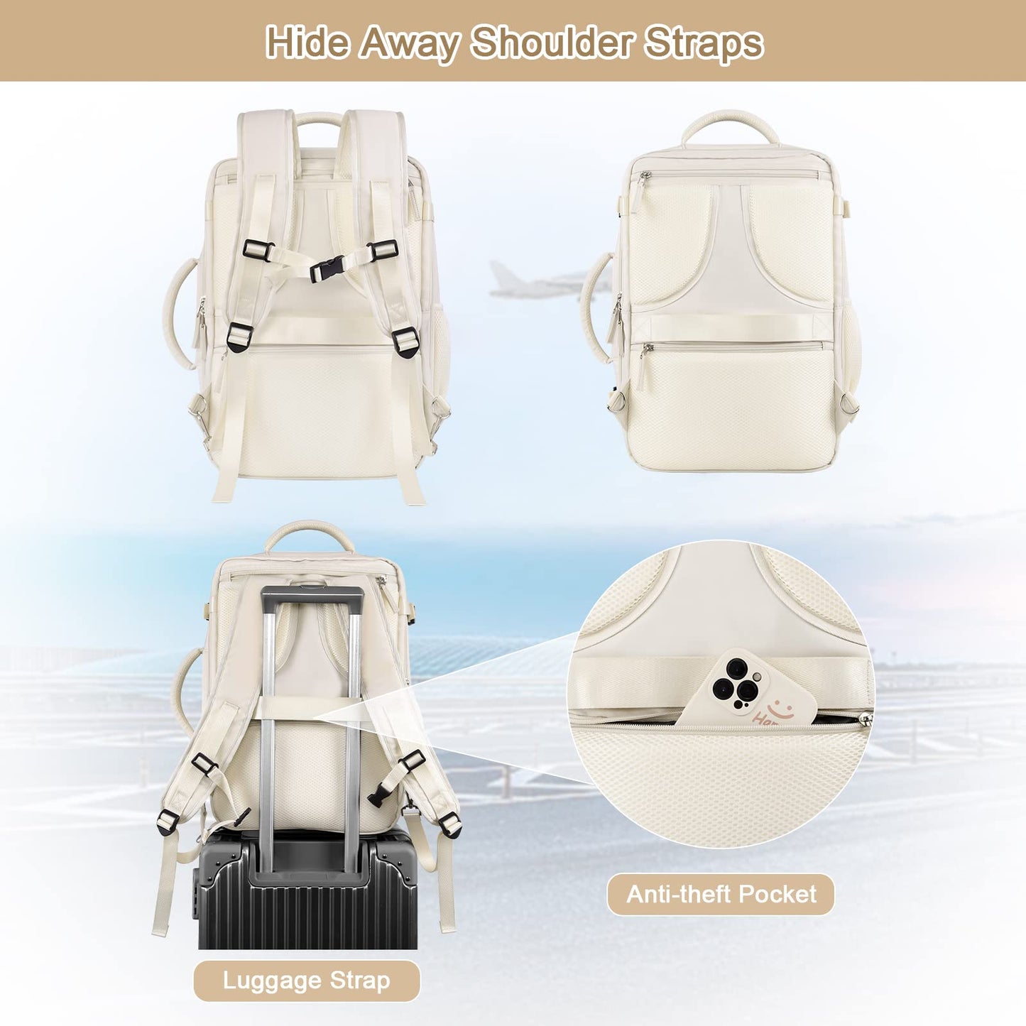 Sinaliy Travel Backpack for Women, Expandable 40L Carry on Flight Approved Backpack, 17 Inch Laptop Waterproof Travel Bag for College, Travel, Work, Beige