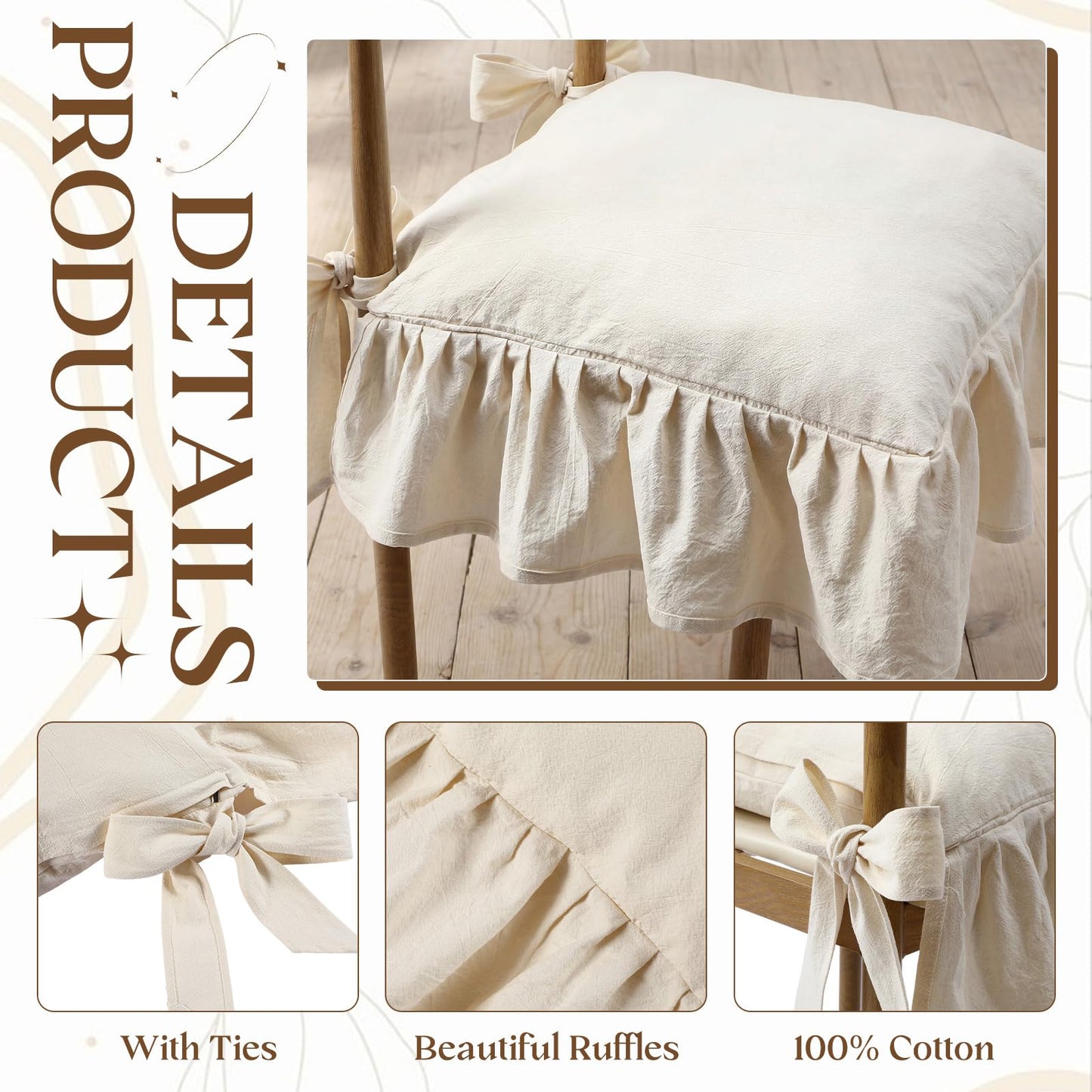 Hillsuren 4 Pcs Ruffle Chair Cushions Cover 17.5''x17.5'' French Chair Pad Slipcover with Ties Ruffled Skirt Seat Cover Farmhouse Covers Only, for Home Dining Kitchen (Classic,Retro Cream White)