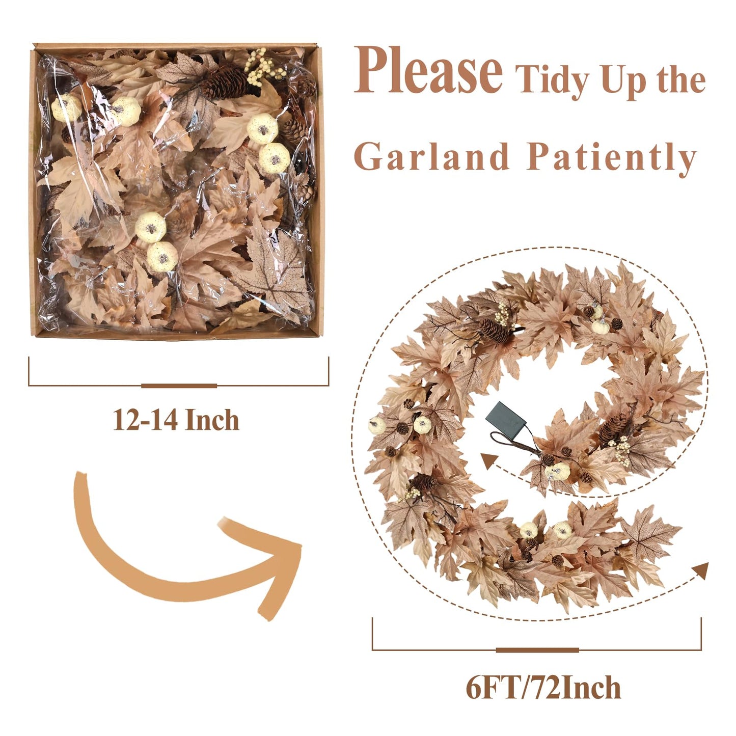 6 FT Fall Garland with Lights Timer Function Autumn Fall Leaves Garland with Berries Pine Cones Pumpkins Realistic Automatic ON/Off Timer Fall Decorations for Home Mantle Fireplace Porch Door Table