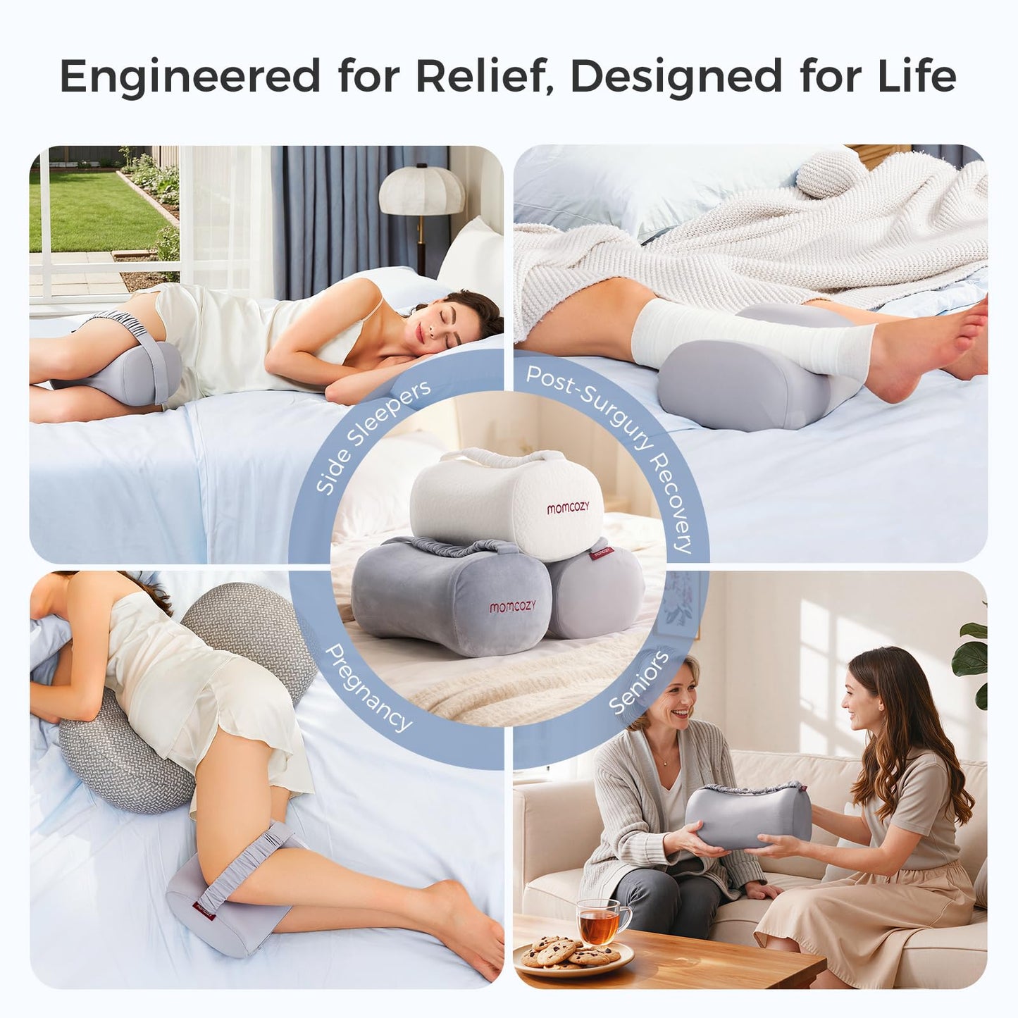 Momcozy Knee Pillow for Side Sleepers, Soft Memory Foam & Pinch-Free Design, Relieve Knee, Leg and Sciatica Pain, Adjustable Elastic Strap Ideal for Pregnant Women and Seniors, Cooling Cover, Gray
