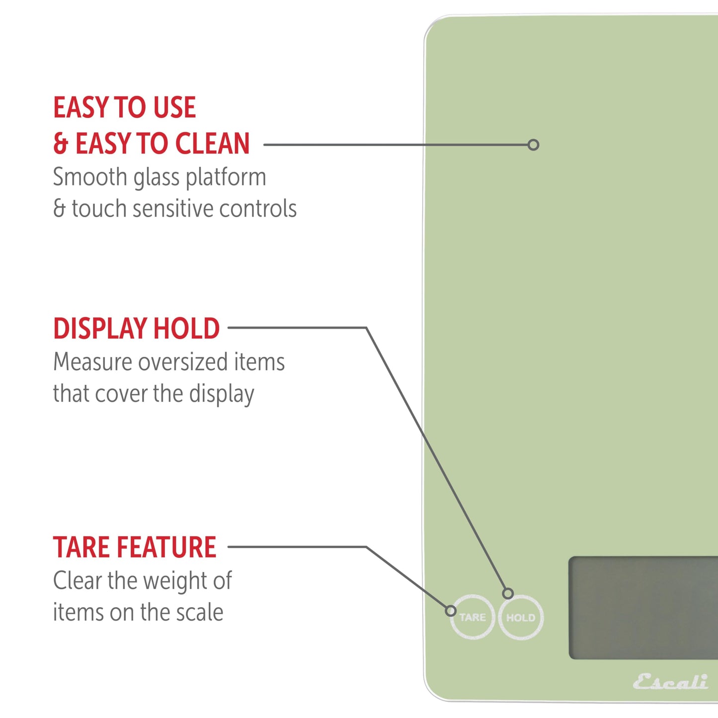 Escali Arti Glass Food Scale Digital Countertop Kitchen, Baking and Cooking Scale with Large Display, 15-Pound Capacity, 9" x 6.5" x .75", Classic Green