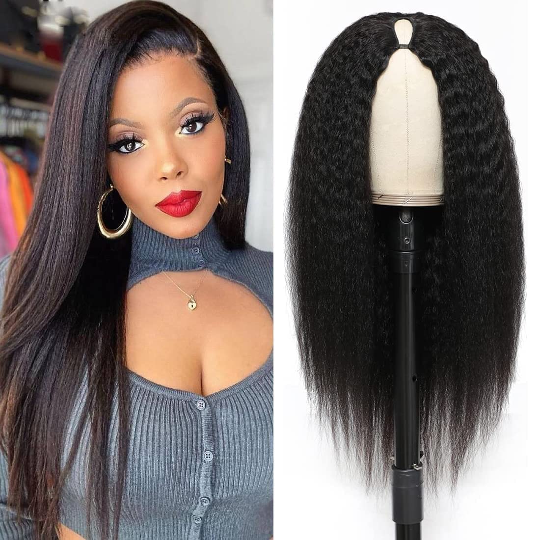 OLFORY V Part Wig Human Hair Wigs for Black Women Kinky Straight V Part Wig 12A Virgin Hair Half Wigs for Women No Lace Upgrade U Part Human Hair Wigs Full Head Clip in Half Wig V Shape Wigs (14inch)