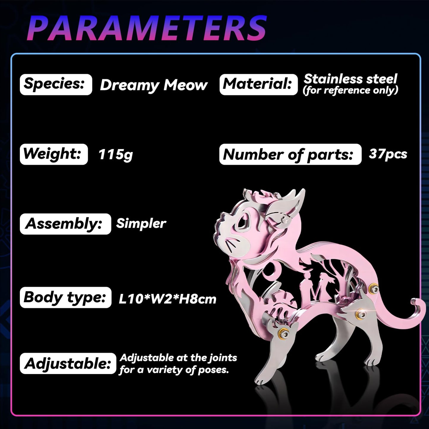 3D Metal Puzzles for Adults, Mechanical Metal Model Kits for Adults, Dream Cat Steel 3D Puzzle Stainless Steel Ornaments for Men Women Art Craft Gifts Toys(Pink).